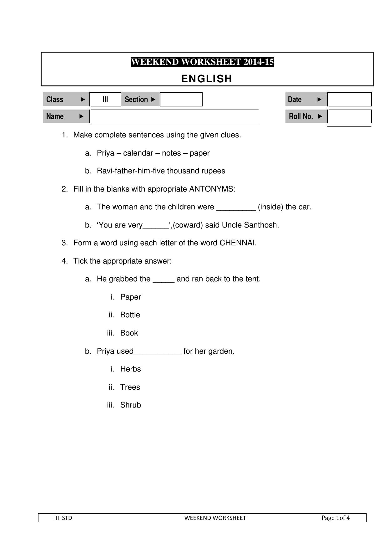Worksheet for Class 3 English Assignment 36 - Page 1