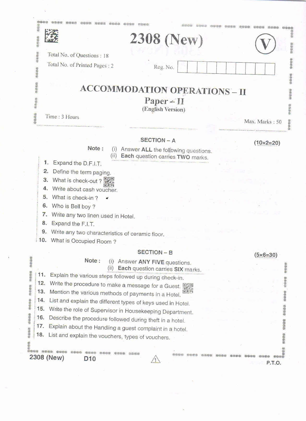 AP Intermediate 2nd Year Vocational Question Paper September-2021- Accummodation_Operations-II - Page 1