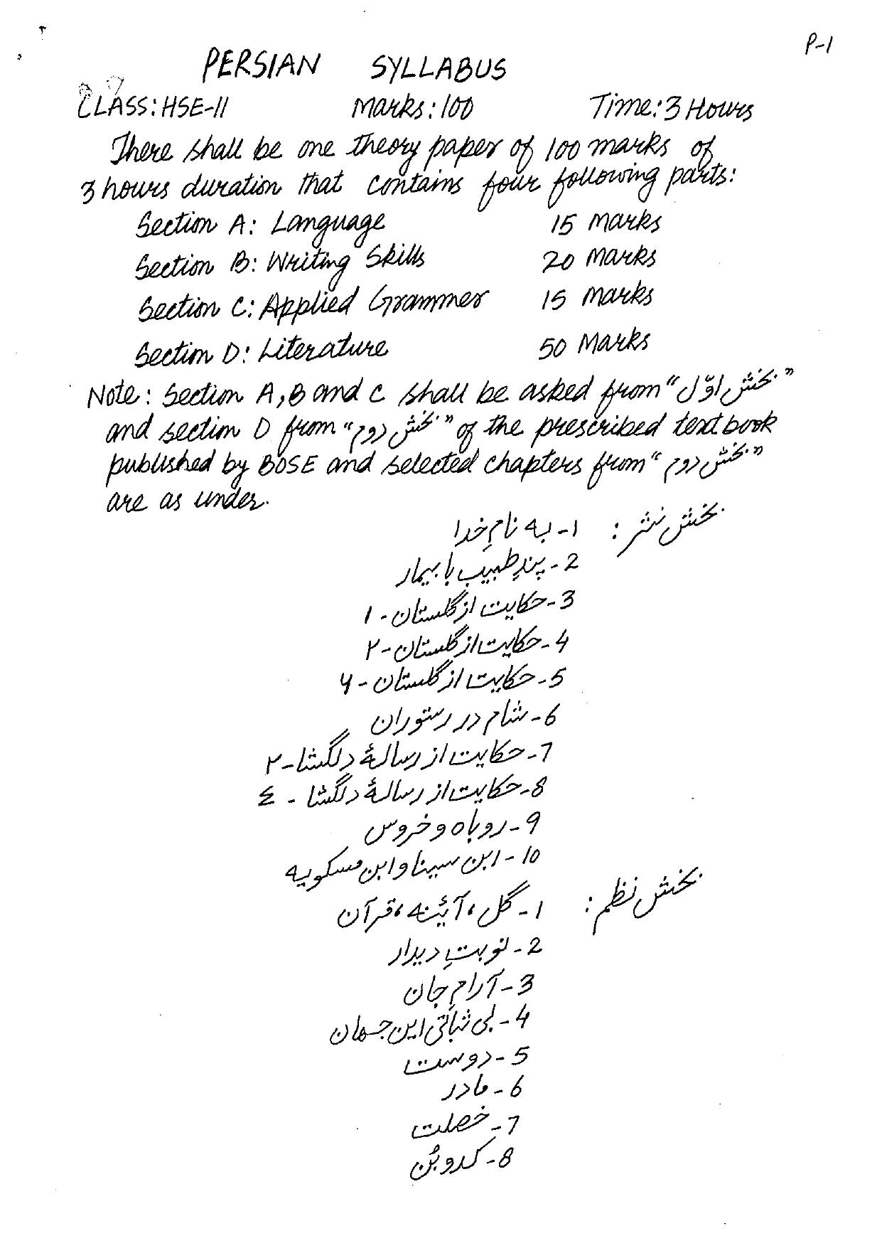 JKBOSE Class 12 Persian Model Question Paper - Page 1