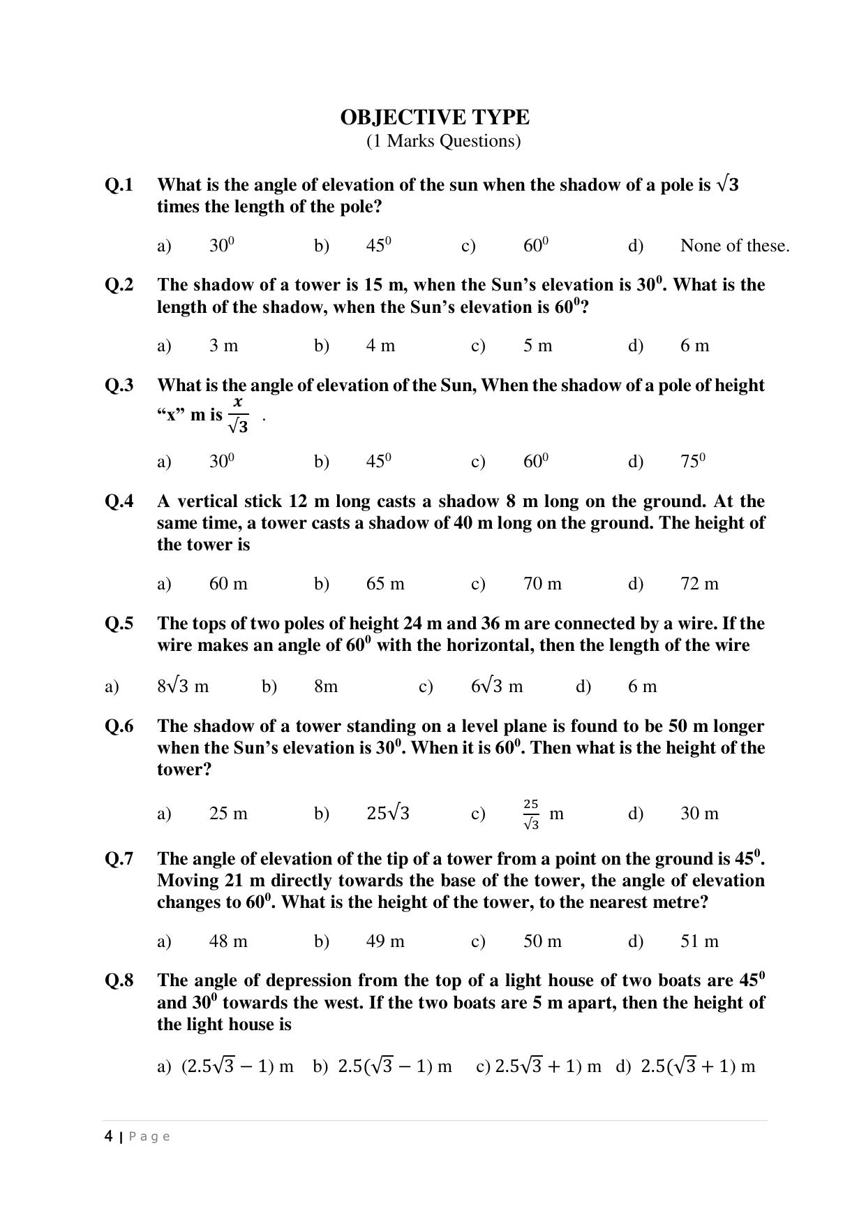 JKBOSE Class 10 Maths: CHAPTER 9 Applications of Trigonometry Question Bank - Page 4