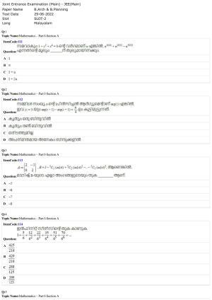 JEE Mains 2022: B Arch & B Planning Malayalam (Shift 2) 29-06-2022 Question Paper