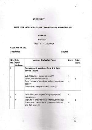 Kerala Plus One 2021 Zoology Answer Key