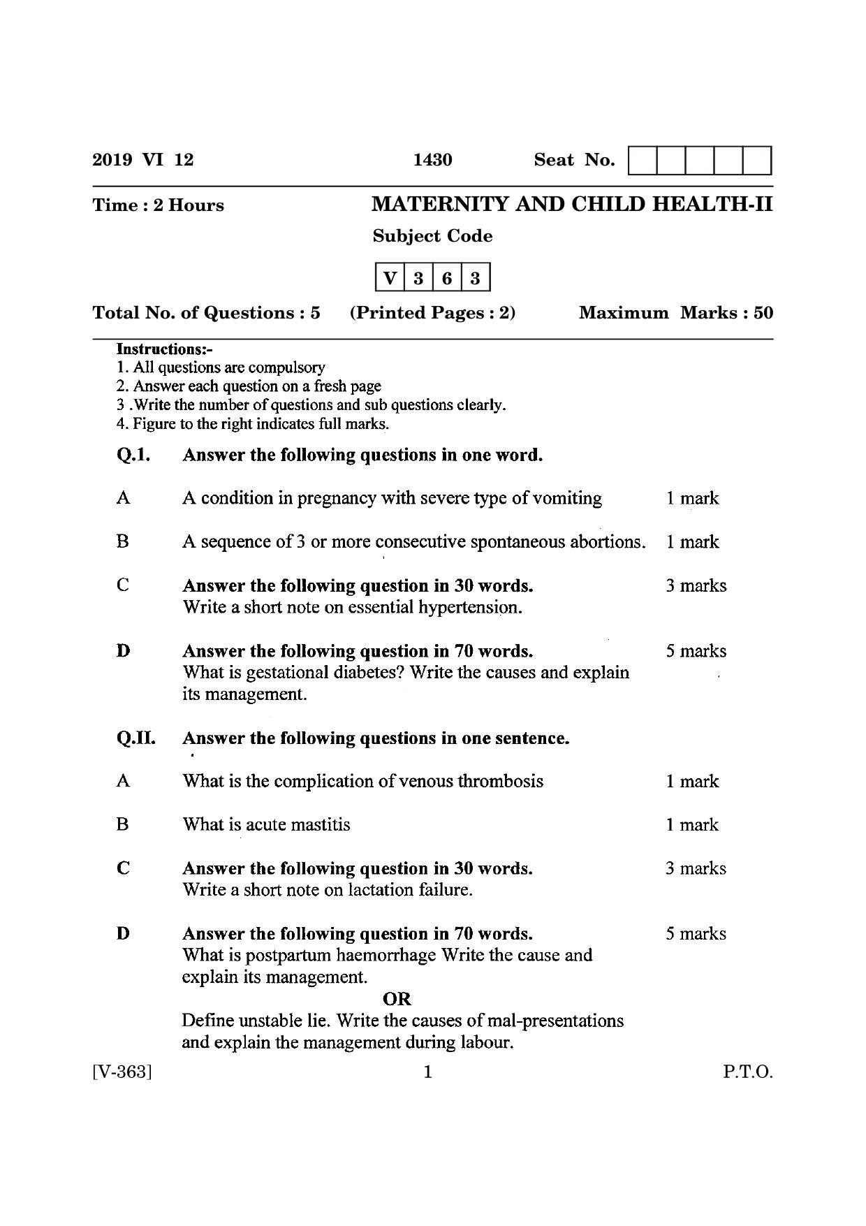 Goa Board Class 12 Maternity and Child Health - II  June 2019 (June 2019) Question Paper - Page 1