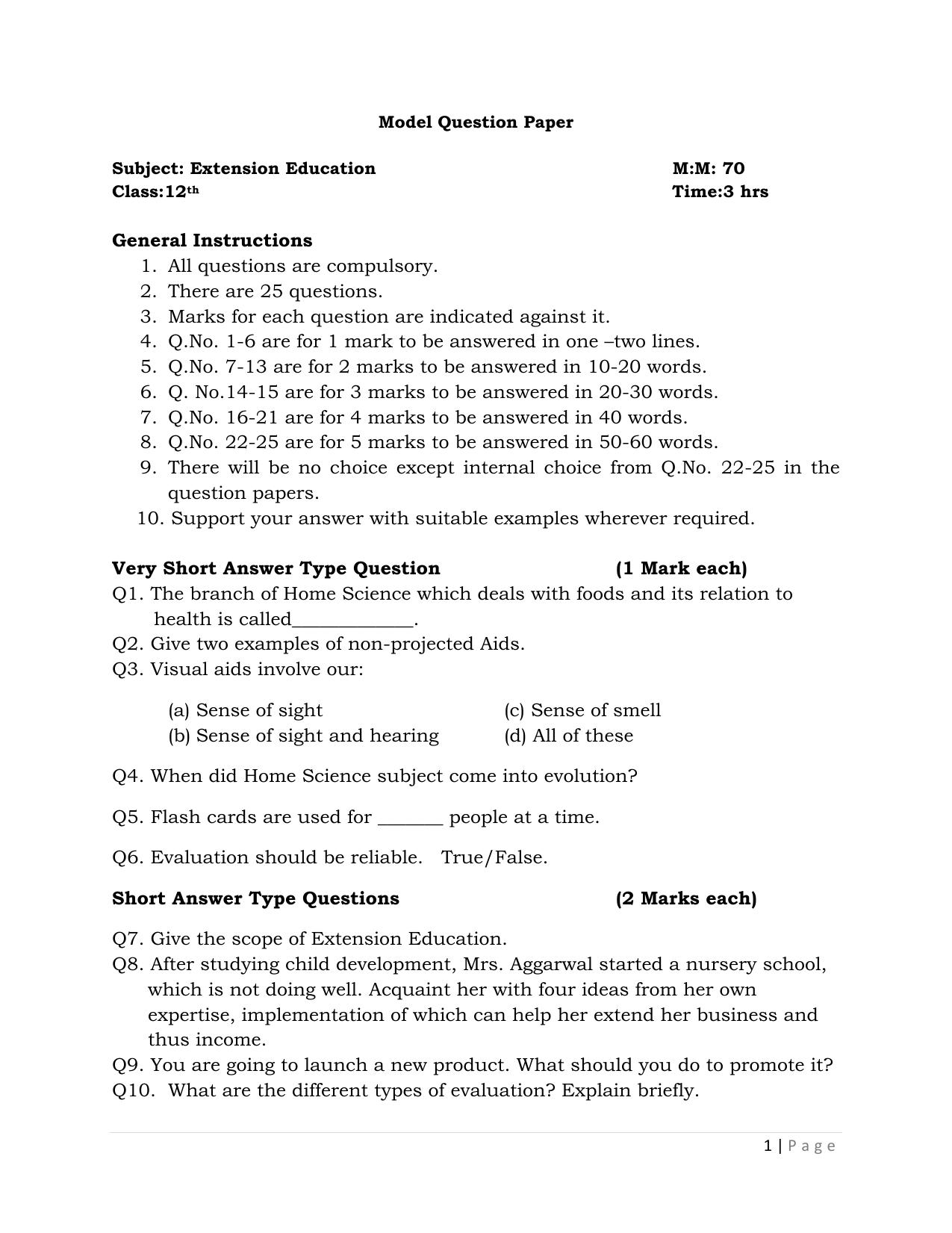 JKBOSE Class 12 Extension Education Model Question Paper - Page 1