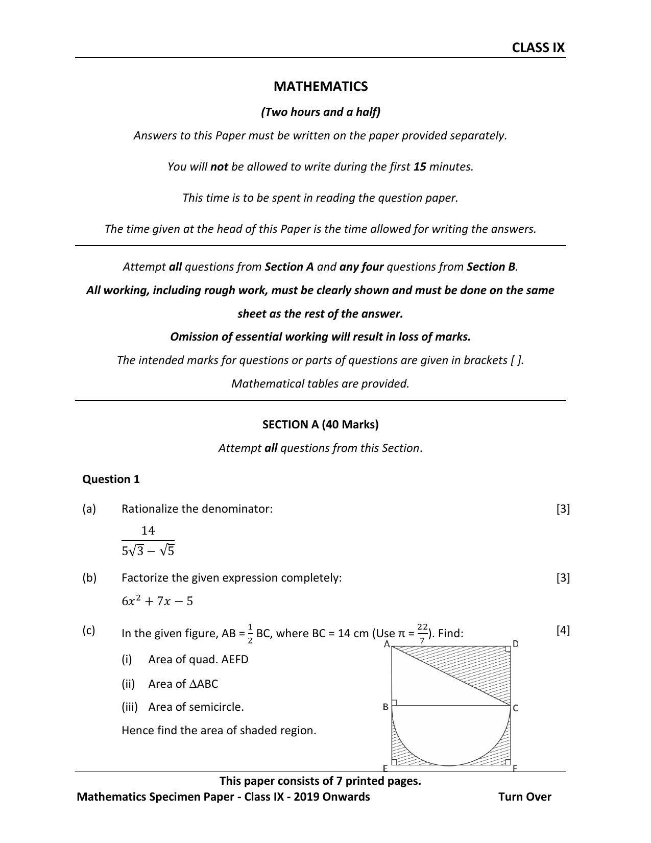 ICSE Class 9 Maths Sample Paper IndCareer Schools