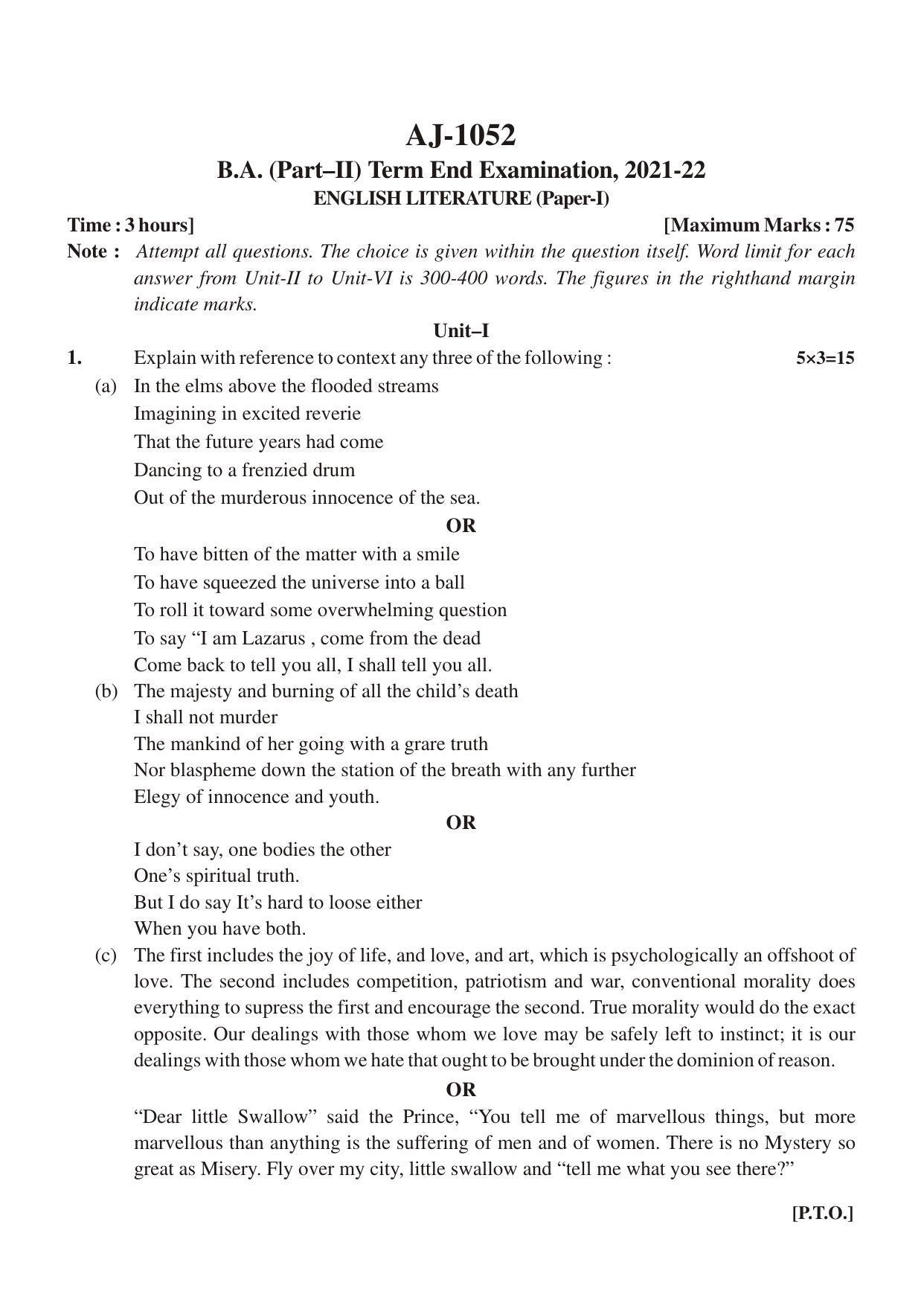 Bilaspur University Question Paper 2021-2022:B.A. Part-II (Two) English Literature Paper 1 - Page 1