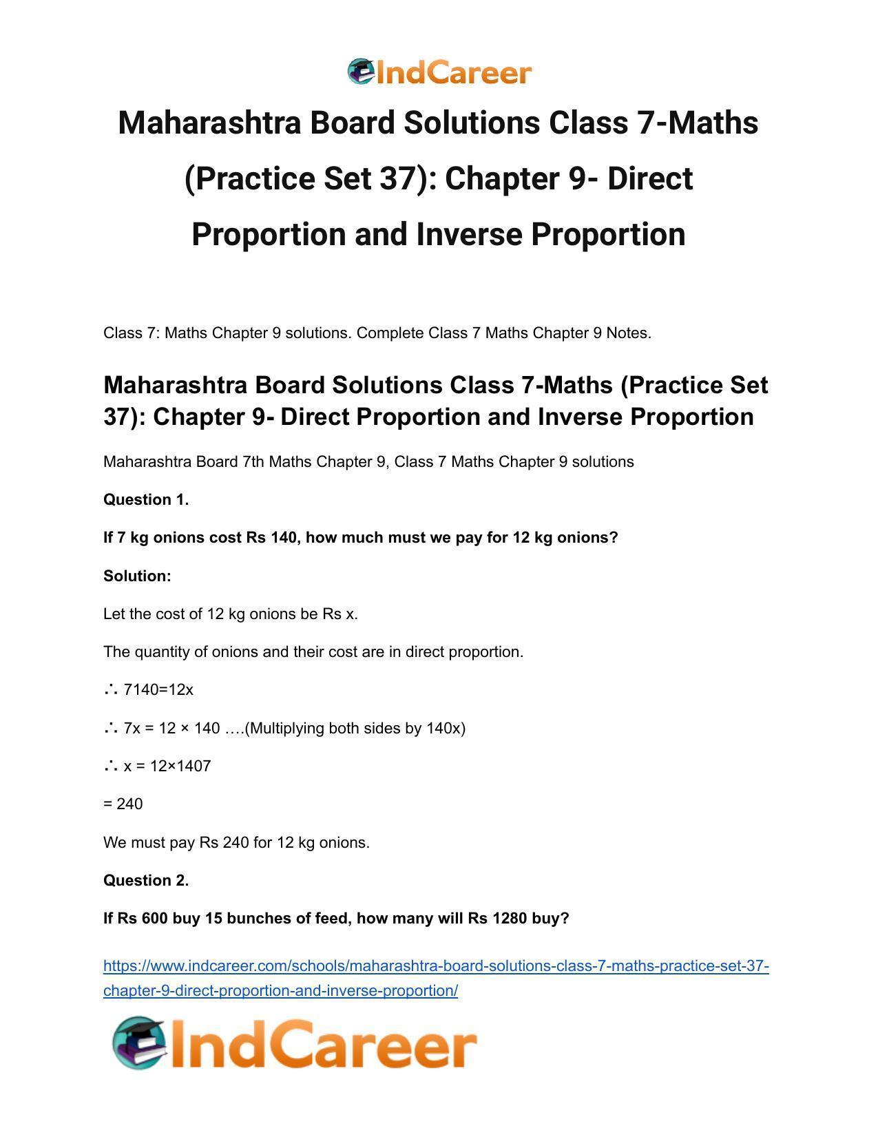 Maharashtra Board Solutions Class 7-Maths (Practice Set 37): Chapter 9- Direct Proportion and Inverse Proportion - Page 2