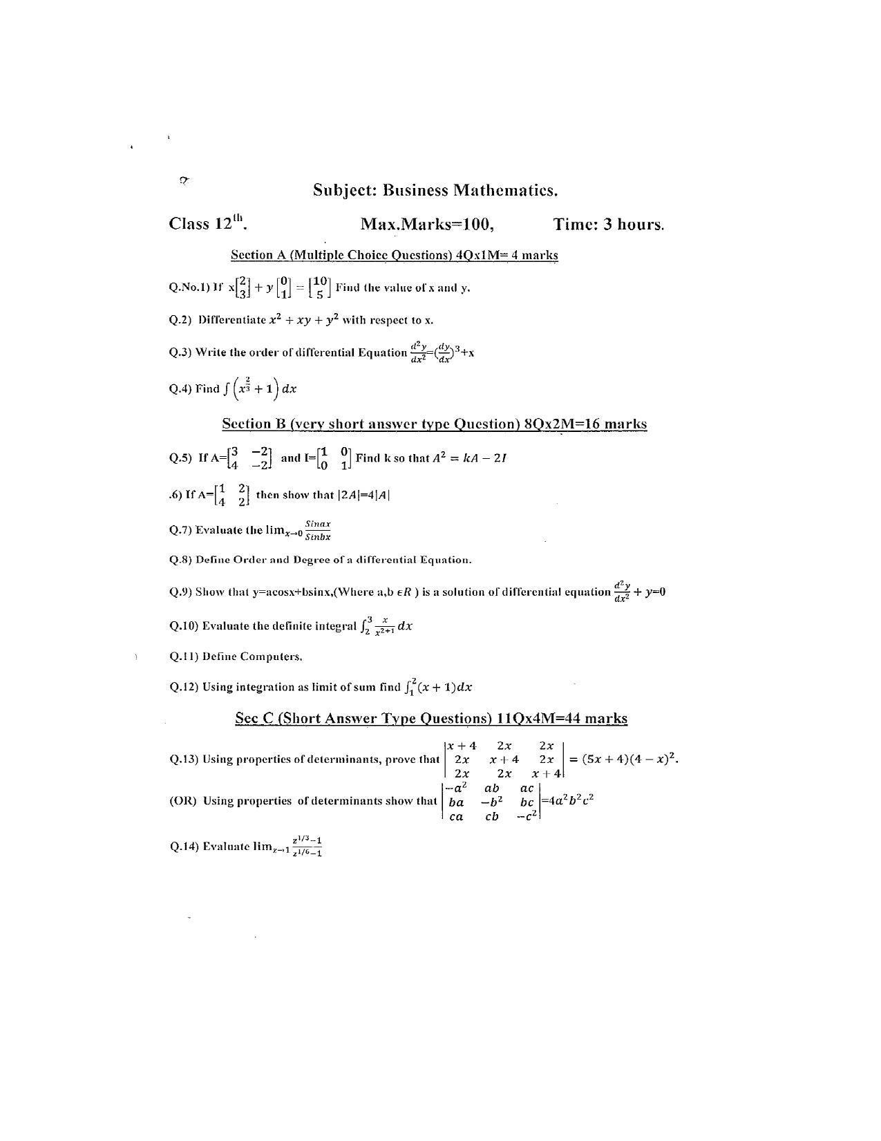 JKBOSE Class 12 Business Mathematics Model Question Paper 2023 - Page 2