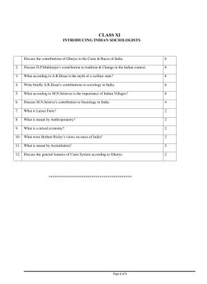 CBSE Worksheets for Class 11 Sociology Introducing Indian Sociologists Assignment