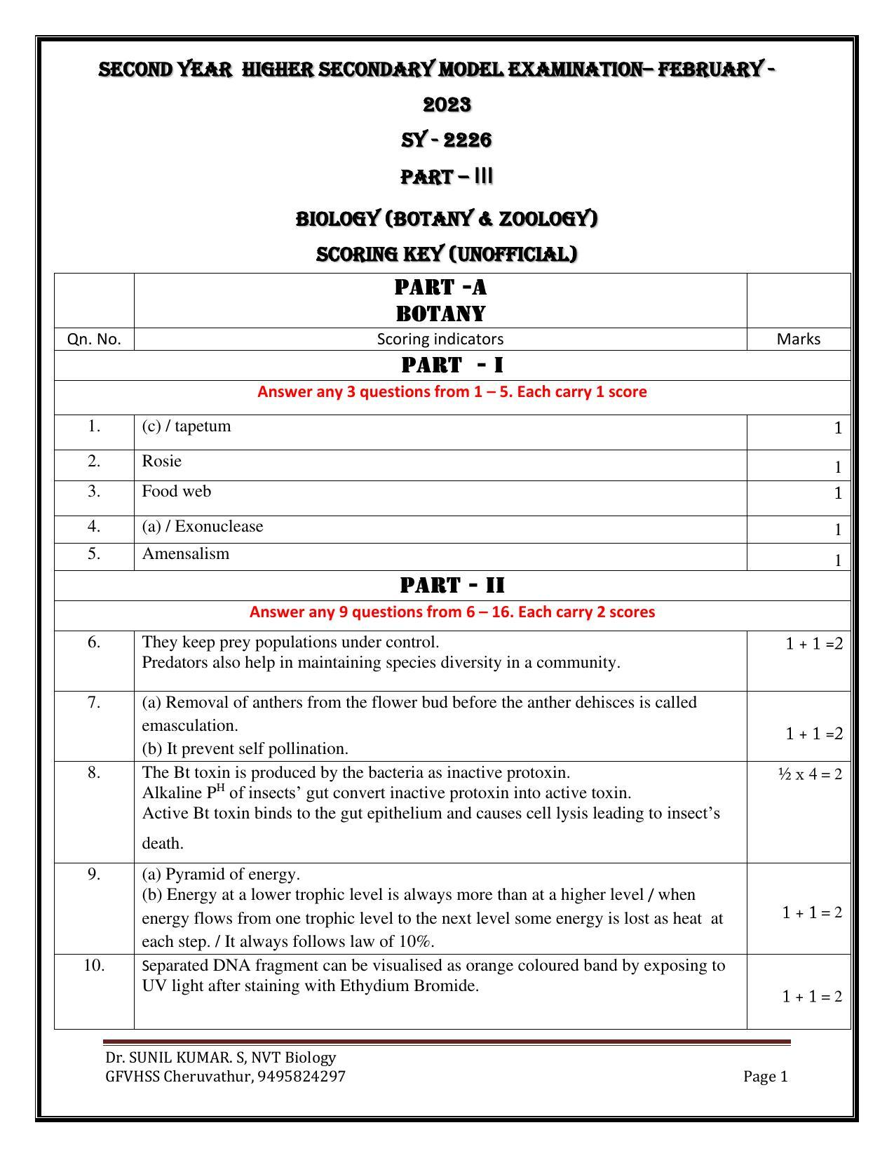 Kerala Plus Two 2023 Biology Model Answer Key - Page 1