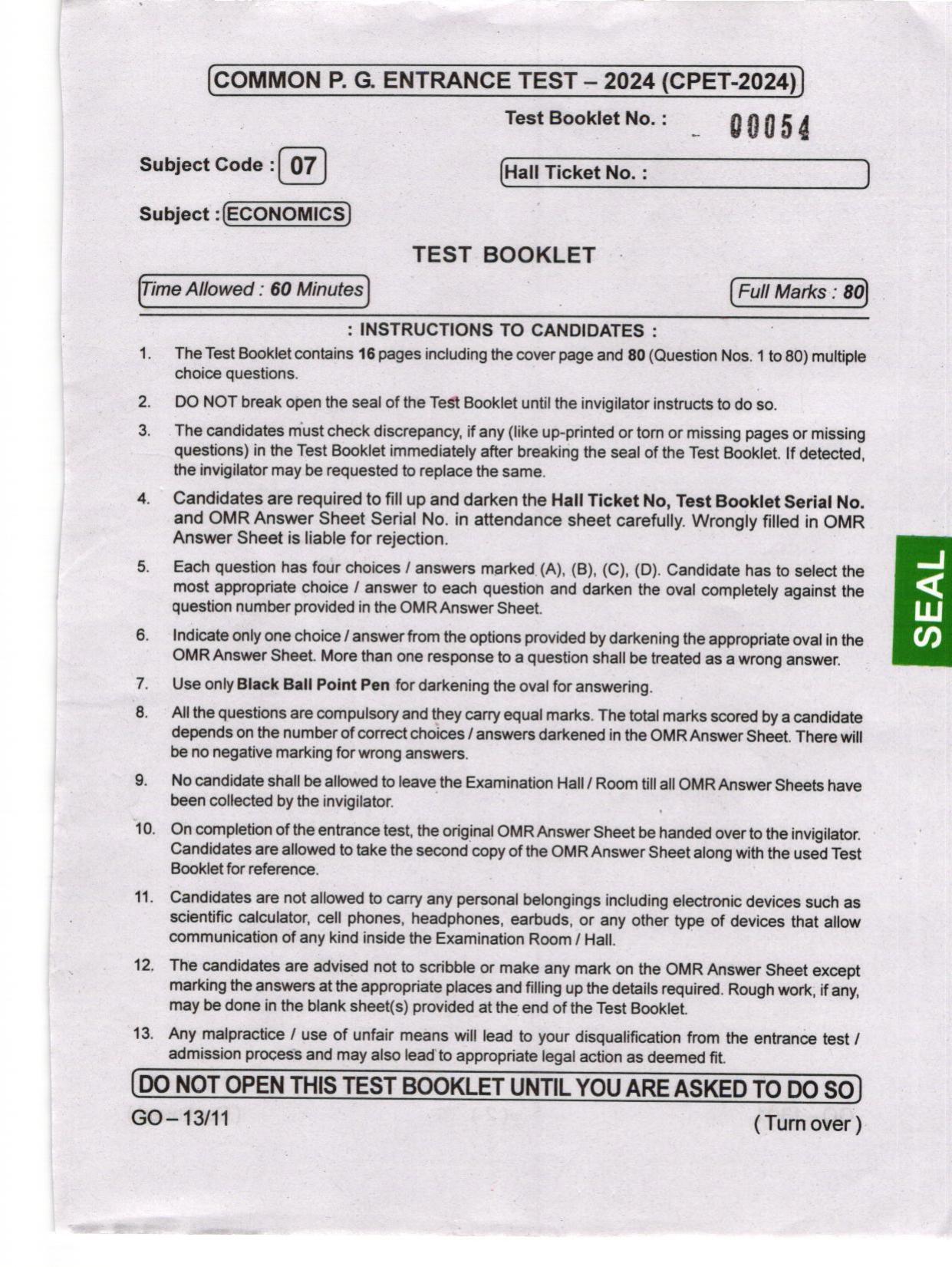 Odisha CPET 2024 ECONOMICS Question Paper - Page 1