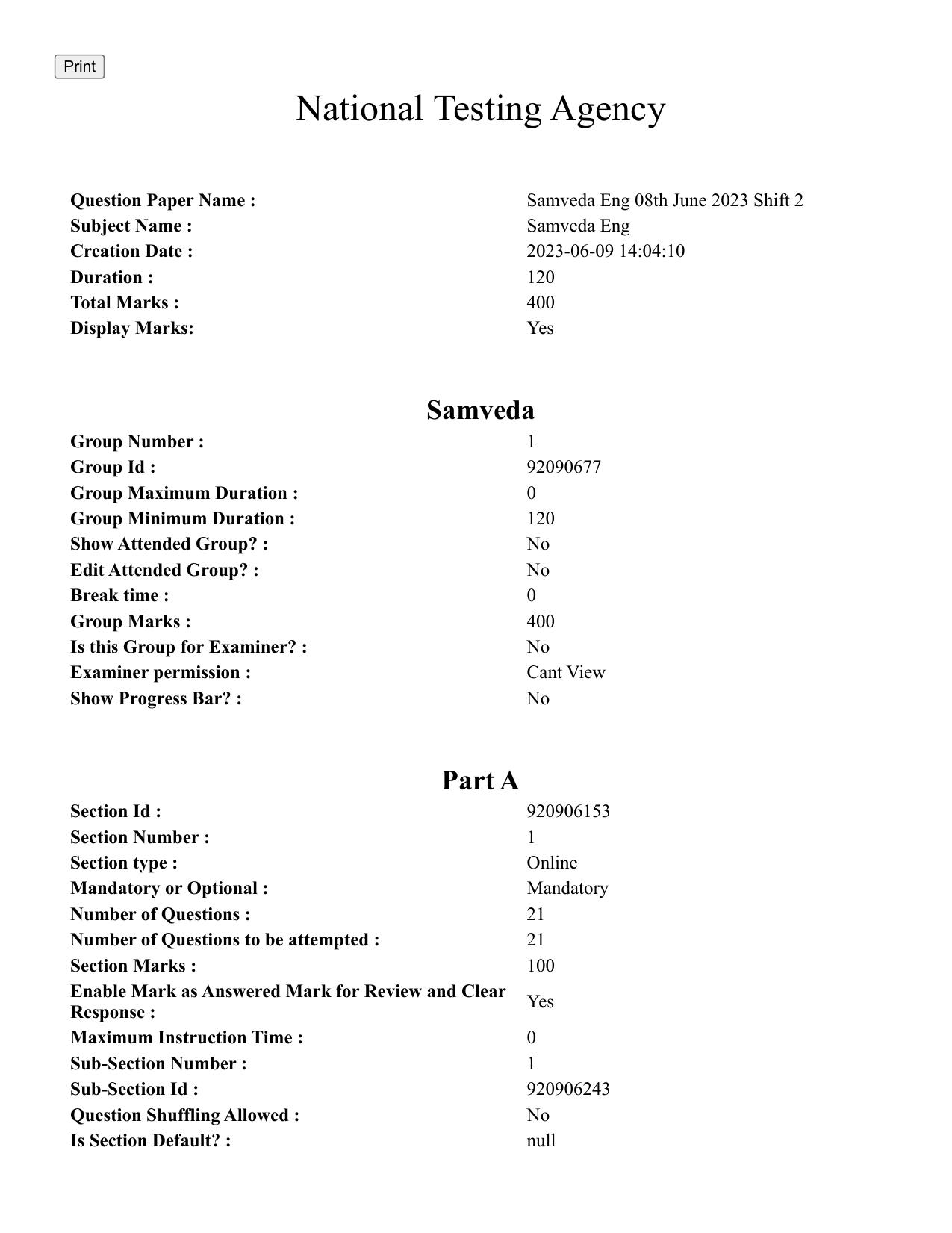 CUET PG 2023: ACQP20 – Samveda (Eng.)-Shift 2 (08-06-2023) Question Paper - Page 1