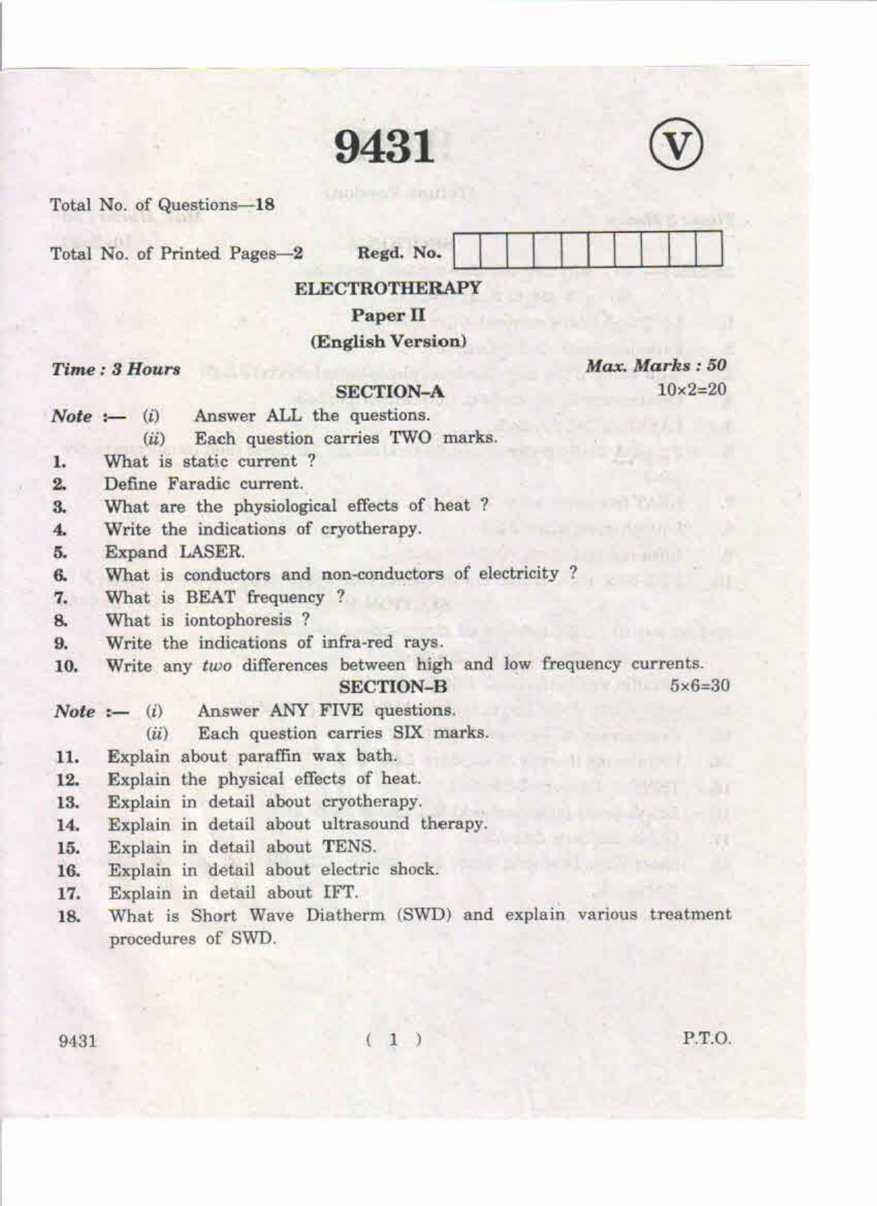 AP Inter 2nd Year Electrotherapy-II May-2019-Vocational Question Paper - Page 1