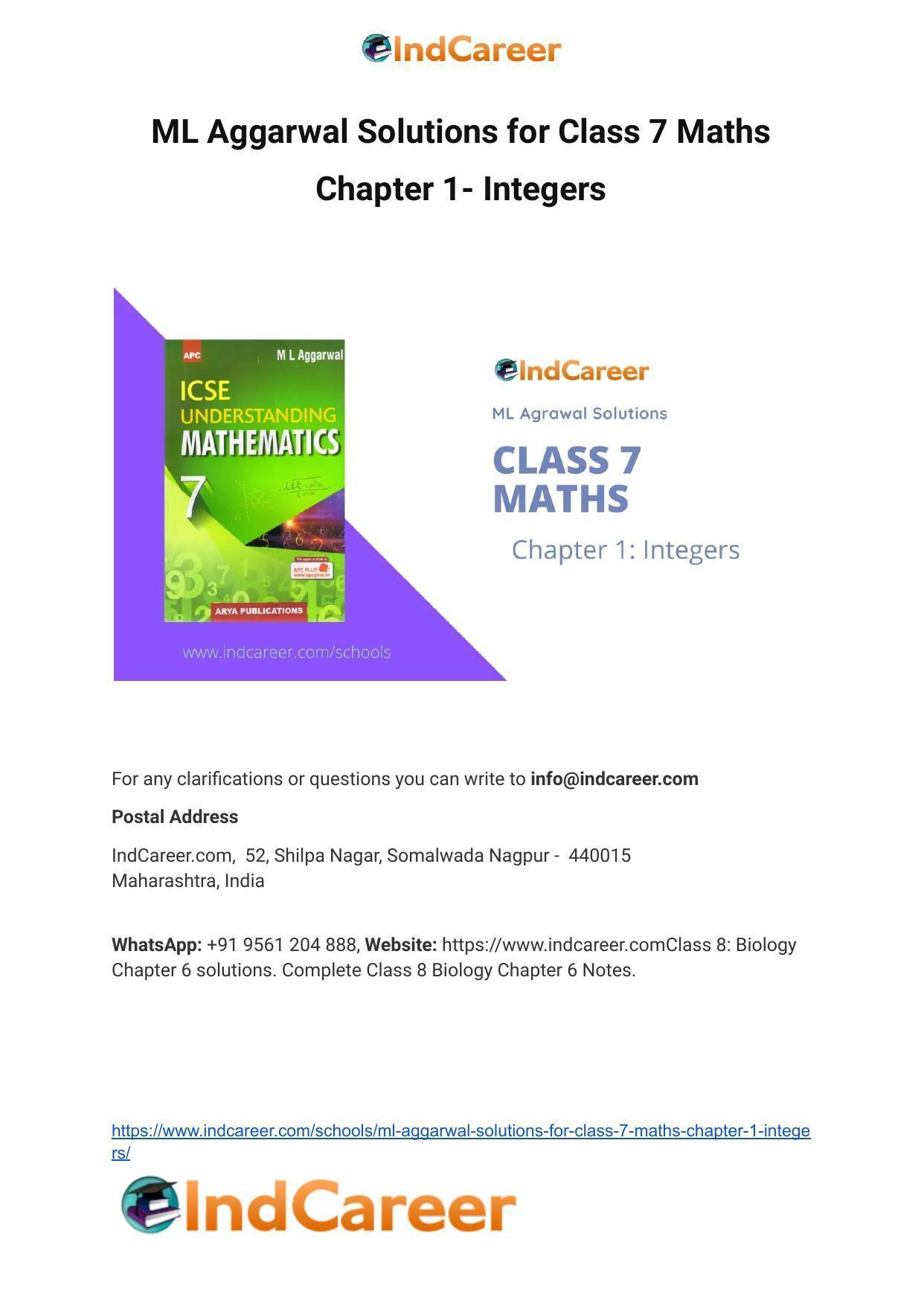 ML Aggarwal Solutions for Class 7 Maths Chapter 1- Integers - Page 1