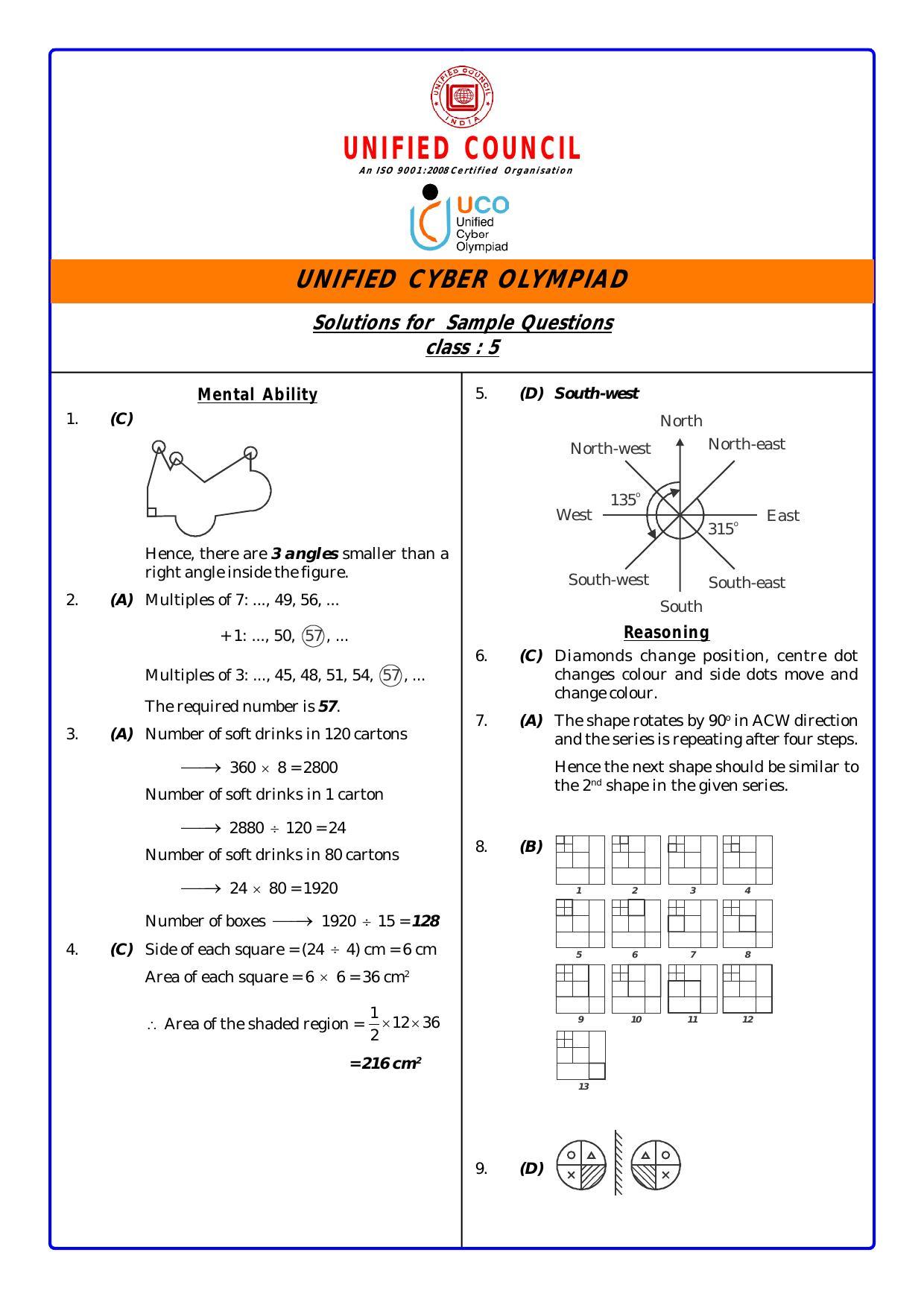 UCO Sample Papers for Class 5 Key & Solutions - Page 1