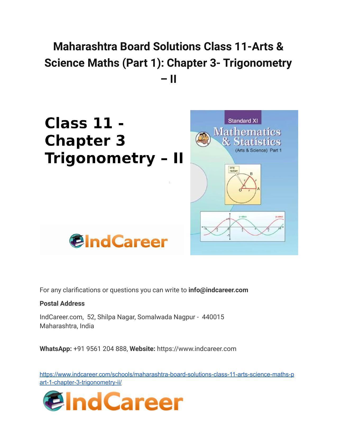 Maharashtra Board Solutions Class 11-Arts & Science Maths (Part 1): Chapter 3- Trigonometry – II - Page 1