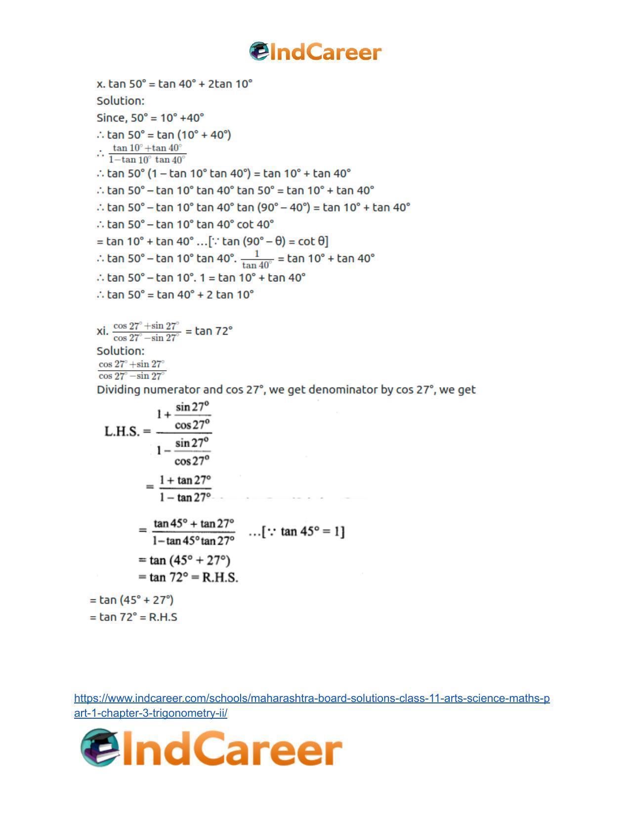 Maharashtra Board Solutions Class 11-Arts & Science Maths (Part 1): Chapter 3- Trigonometry – II - Page 10