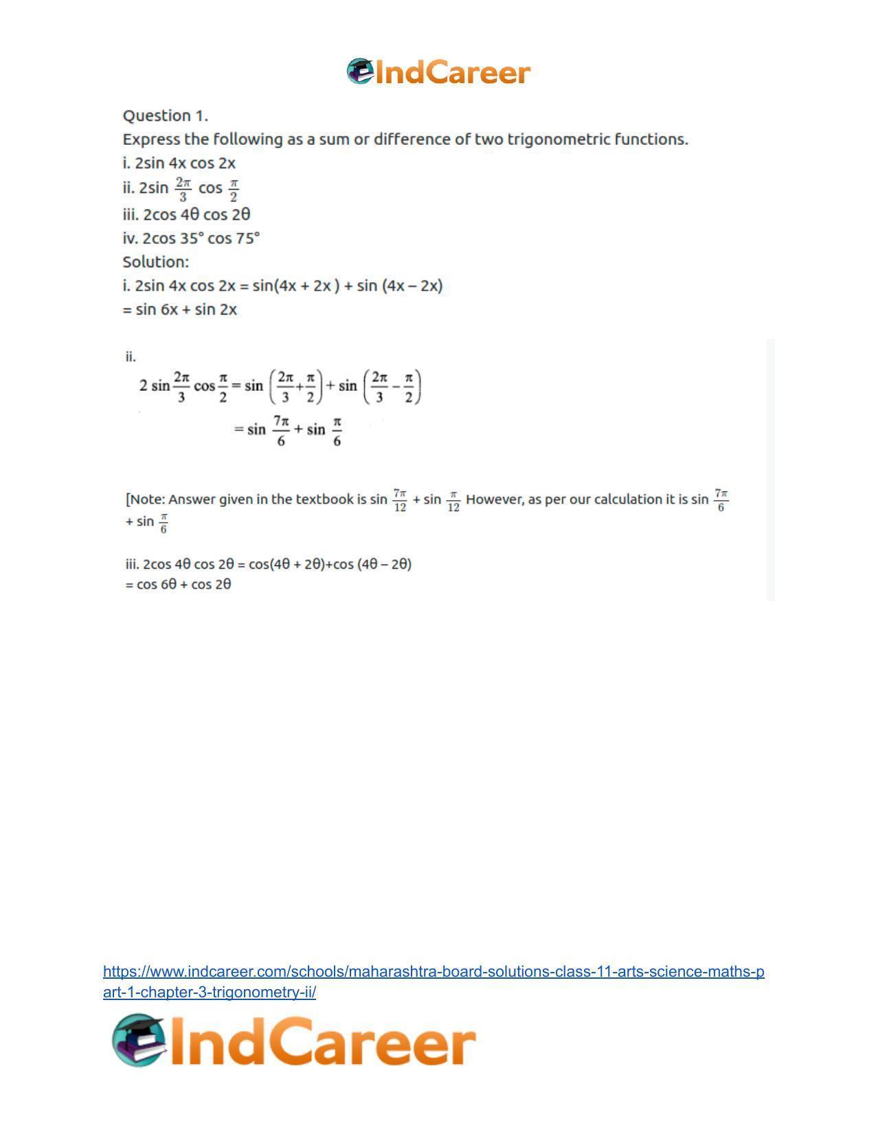 Maharashtra Board Solutions Class 11-Arts & Science Maths (Part 1): Chapter 3- Trigonometry – II - Page 42