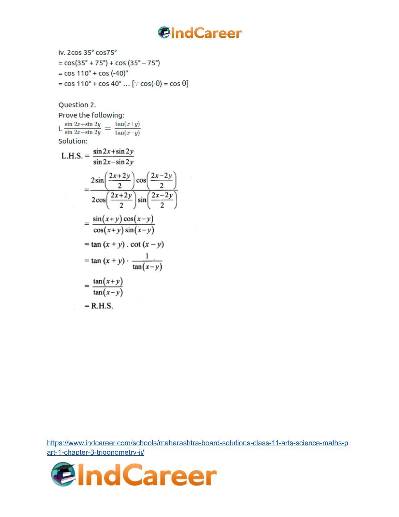 Maharashtra Board Solutions Class 11-Arts & Science Maths (Part 1): Chapter 3- Trigonometry – II - Page 43