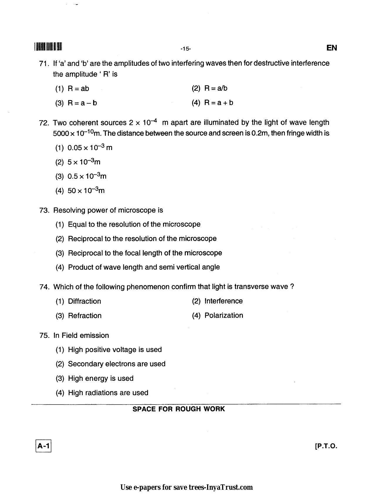 Karnataka Diploma CET- 2013 Environmental Engg. / Public Health Engg. / Water Tech / Health Sciences Question Paper - Page 15