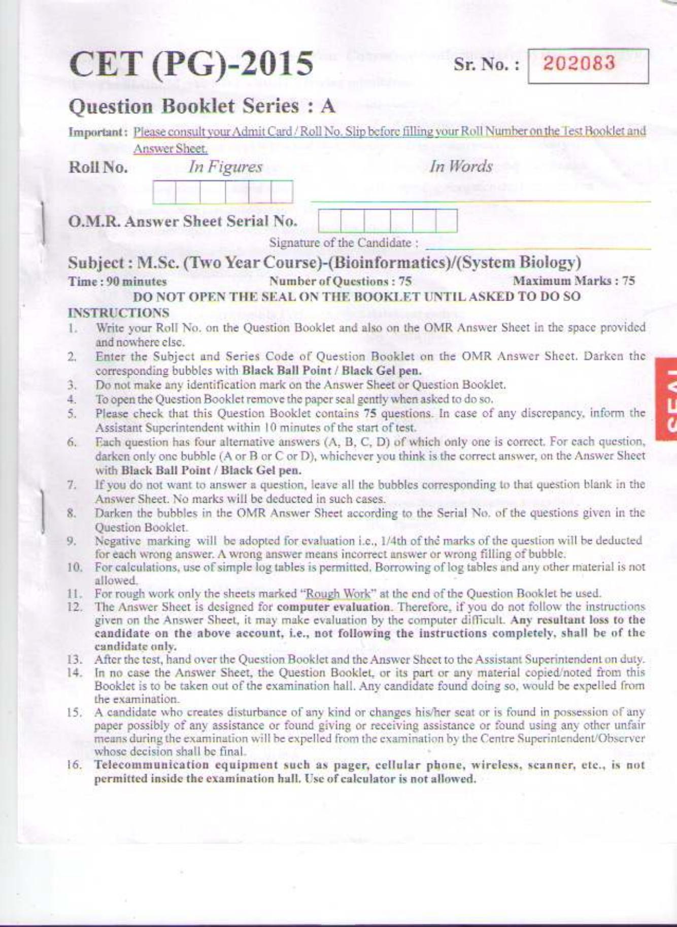 PU CET PG 2015: MSc (2yr)(Bioinformatics/system Bio & Bio. Informatics) Question Paper - Page 1