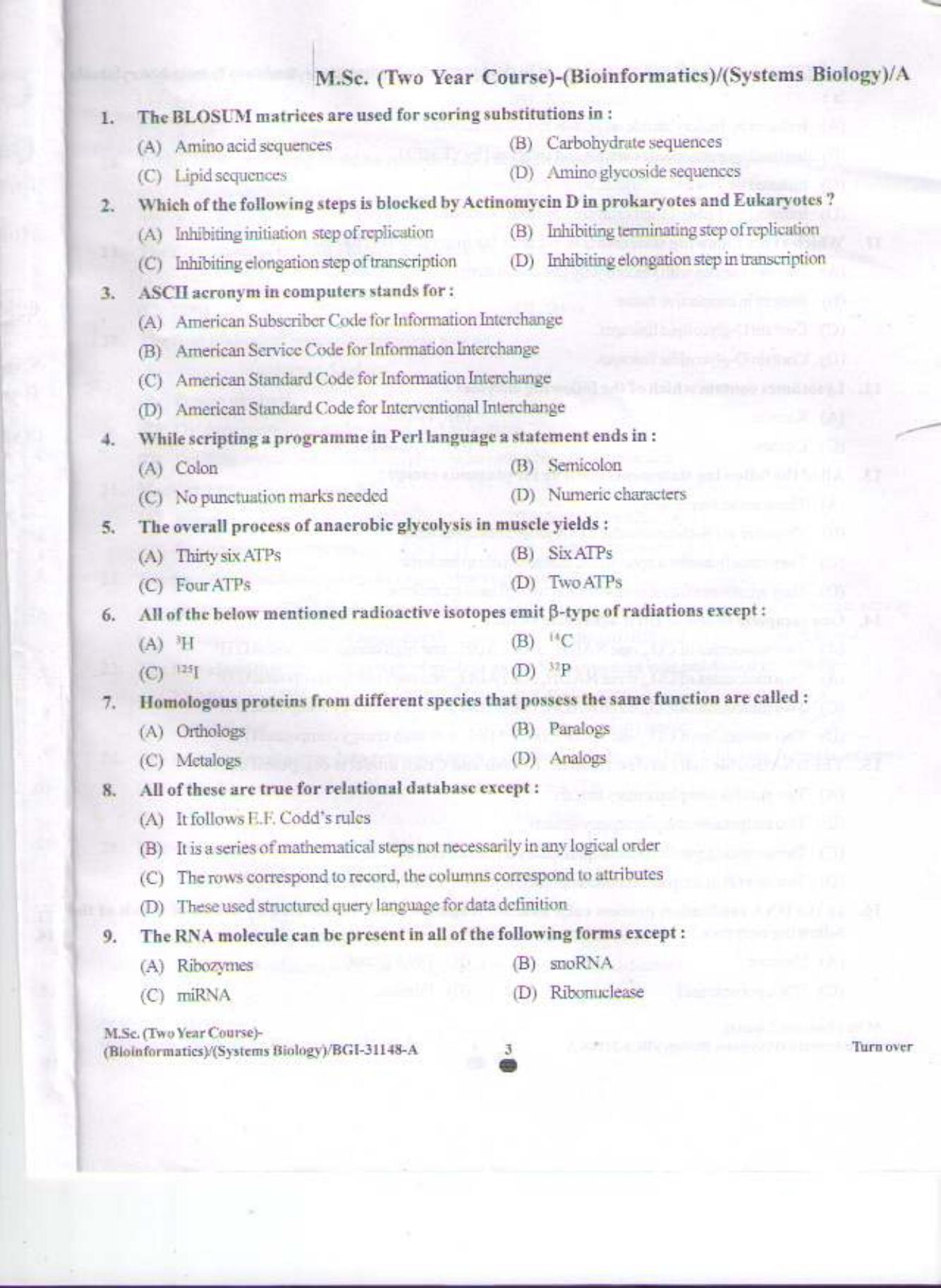 PU CET PG 2015: MSc (2yr)(Bioinformatics/system Bio & Bio. Informatics) Question Paper - Page 2