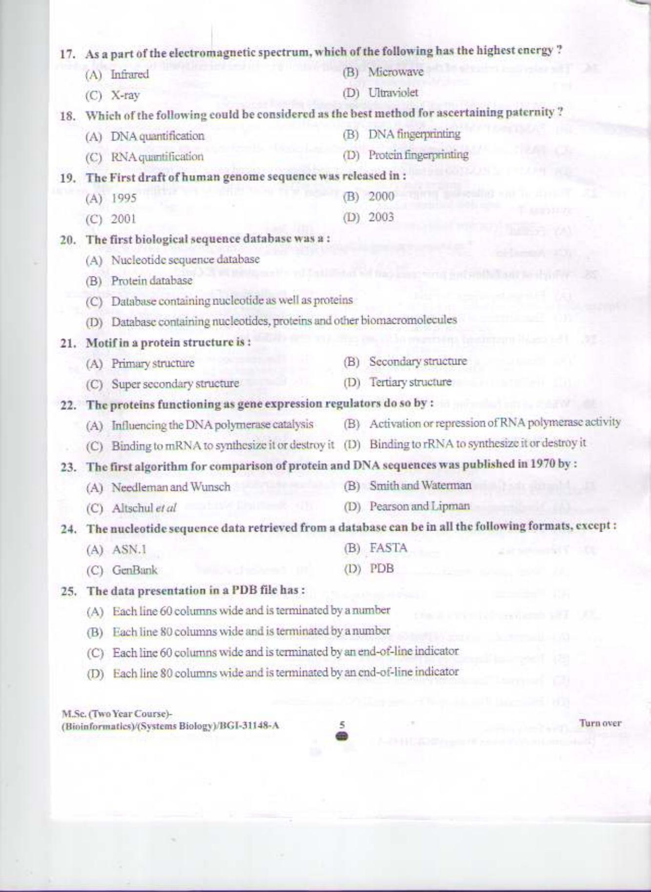 PU CET PG 2015: MSc (2yr)(Bioinformatics/system Bio & Bio. Informatics) Question Paper - Page 4