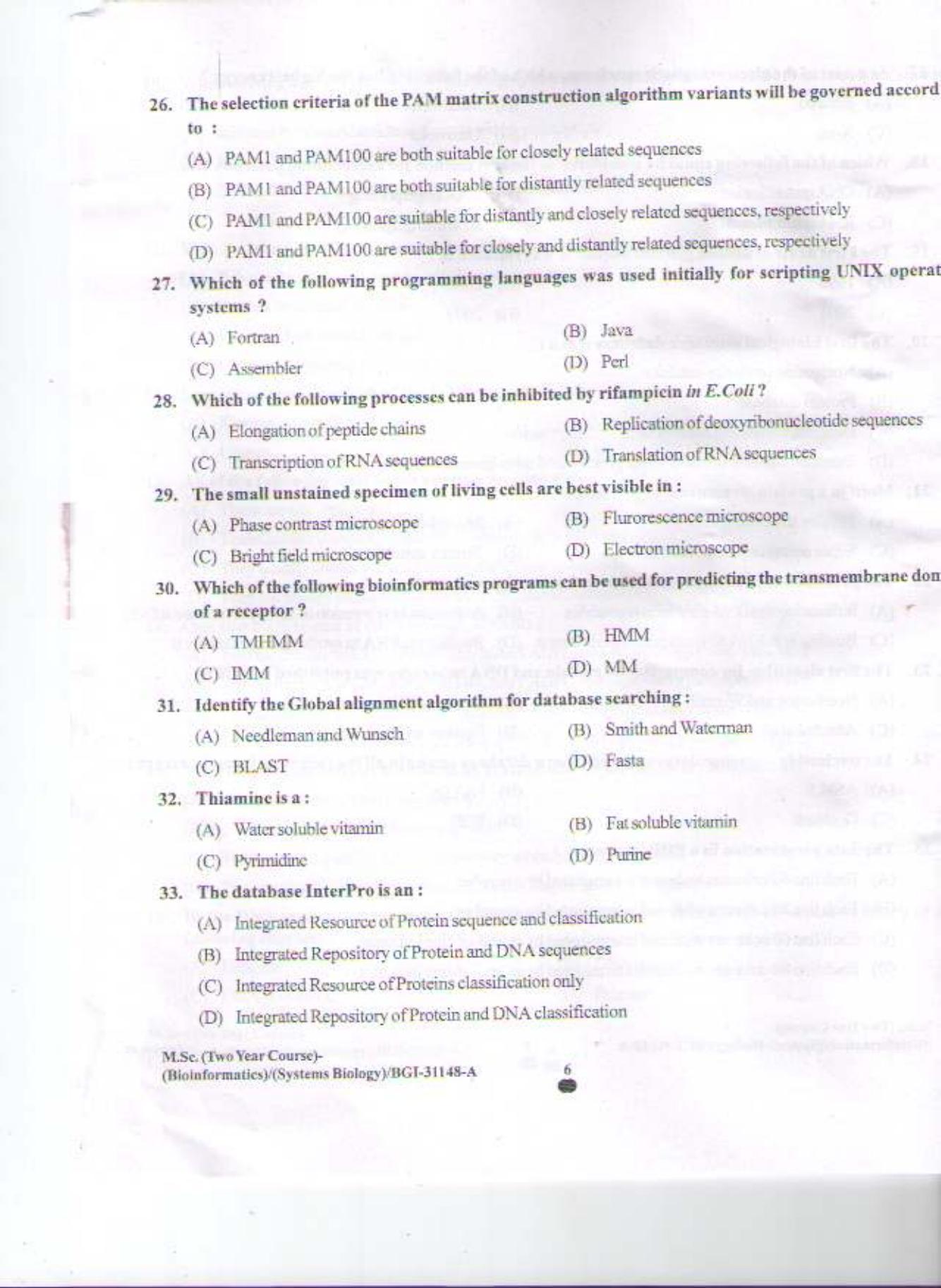 PU CET PG 2015: MSc (2yr)(Bioinformatics/system Bio & Bio. Informatics) Question Paper - Page 5