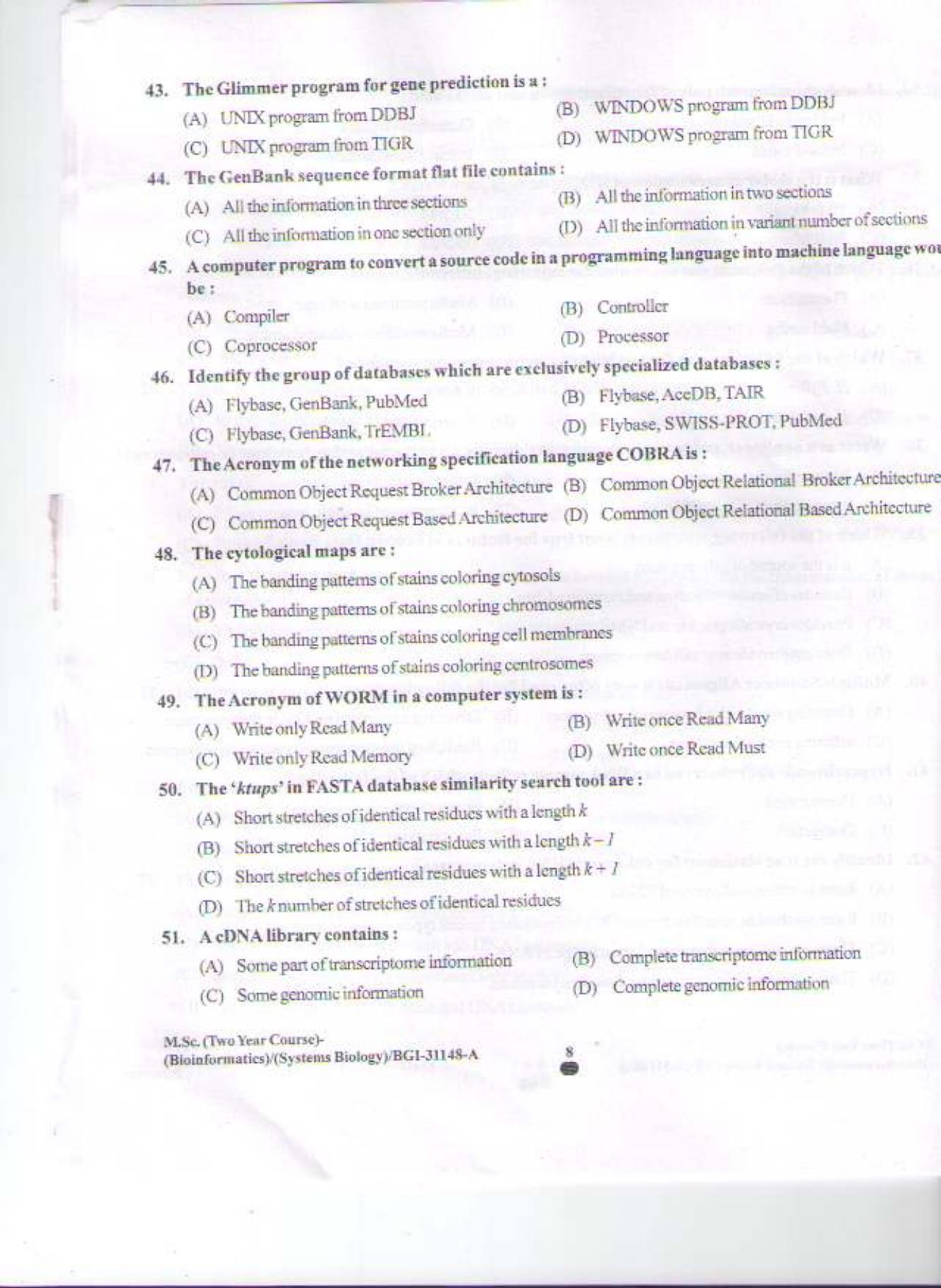 PU CET PG 2015: MSc (2yr)(Bioinformatics/system Bio & Bio. Informatics) Question Paper - Page 7