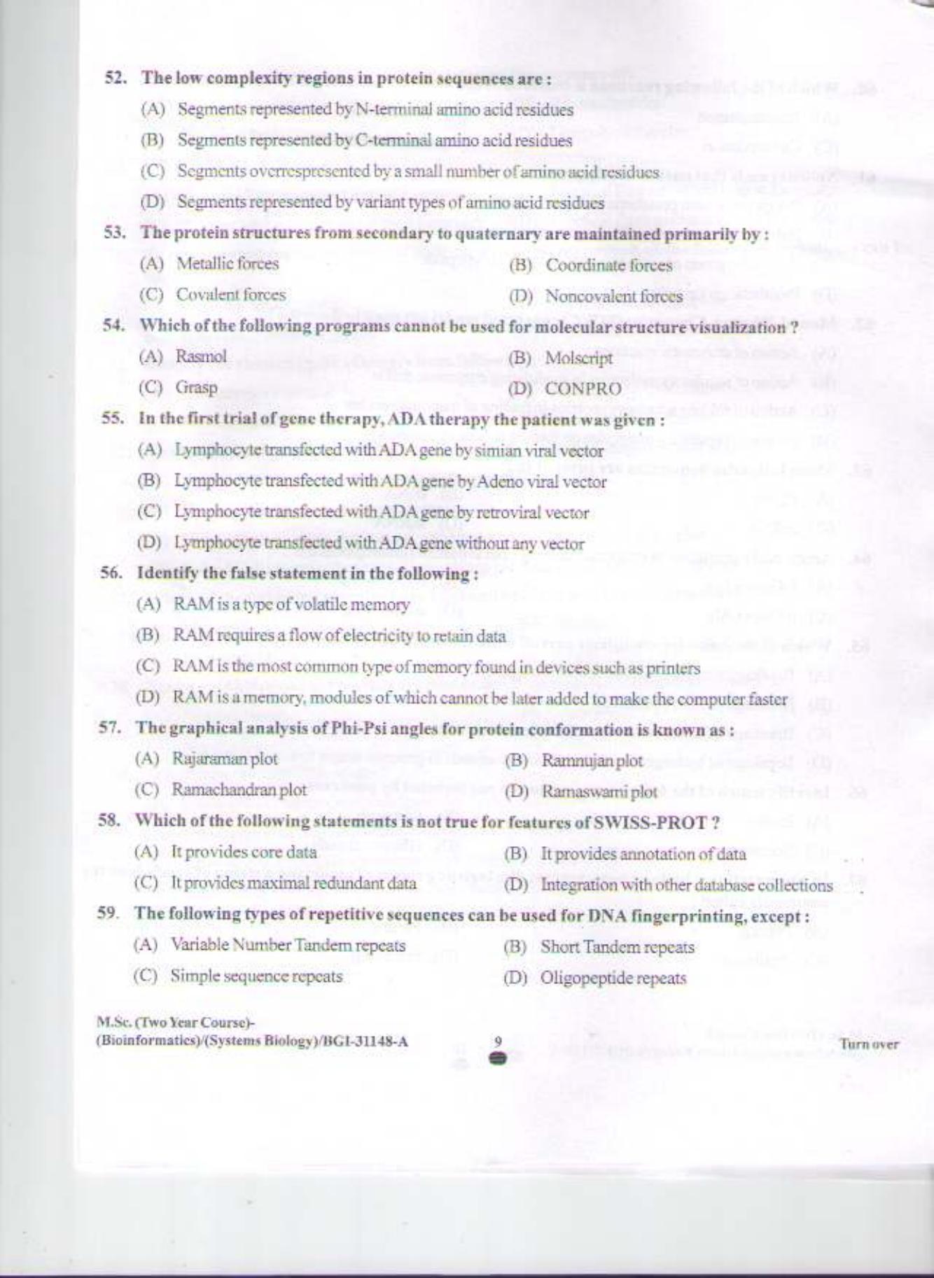 PU CET PG 2015: MSc (2yr)(Bioinformatics/system Bio & Bio. Informatics) Question Paper - Page 8