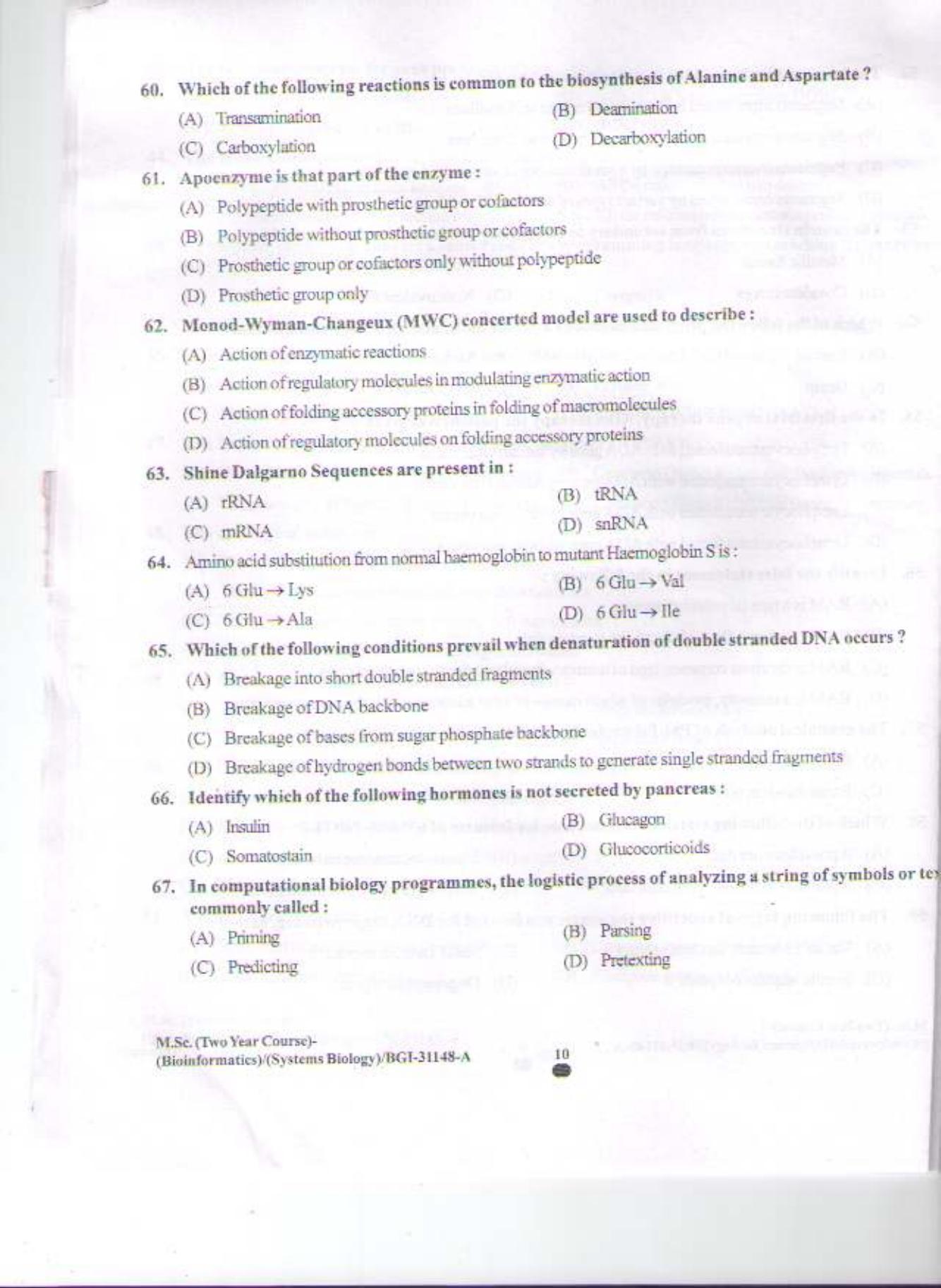 PU CET PG 2015: MSc (2yr)(Bioinformatics/system Bio & Bio. Informatics) Question Paper - Page 9