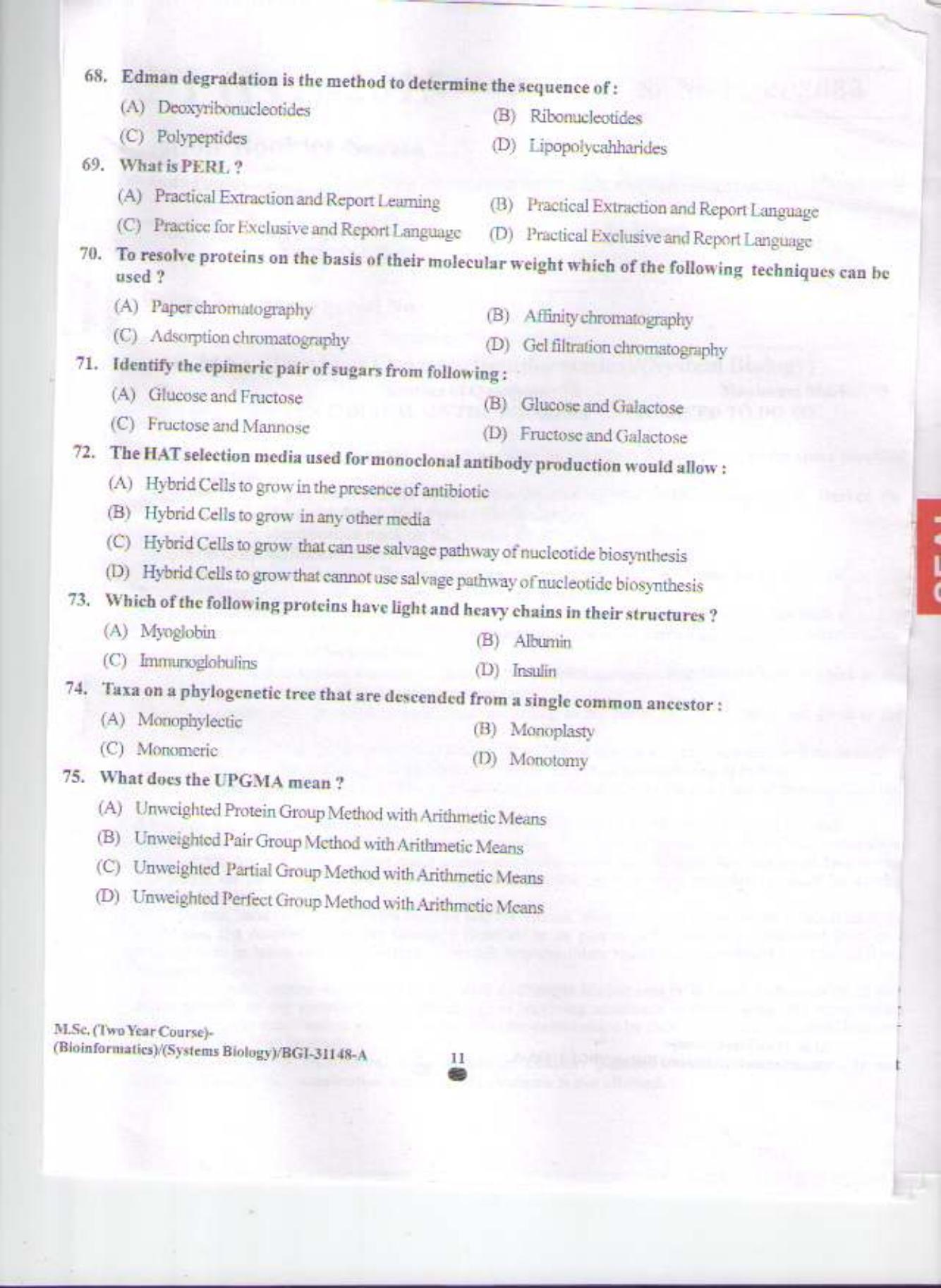 PU CET PG 2015: MSc (2yr)(Bioinformatics/system Bio & Bio. Informatics) Question Paper - Page 10