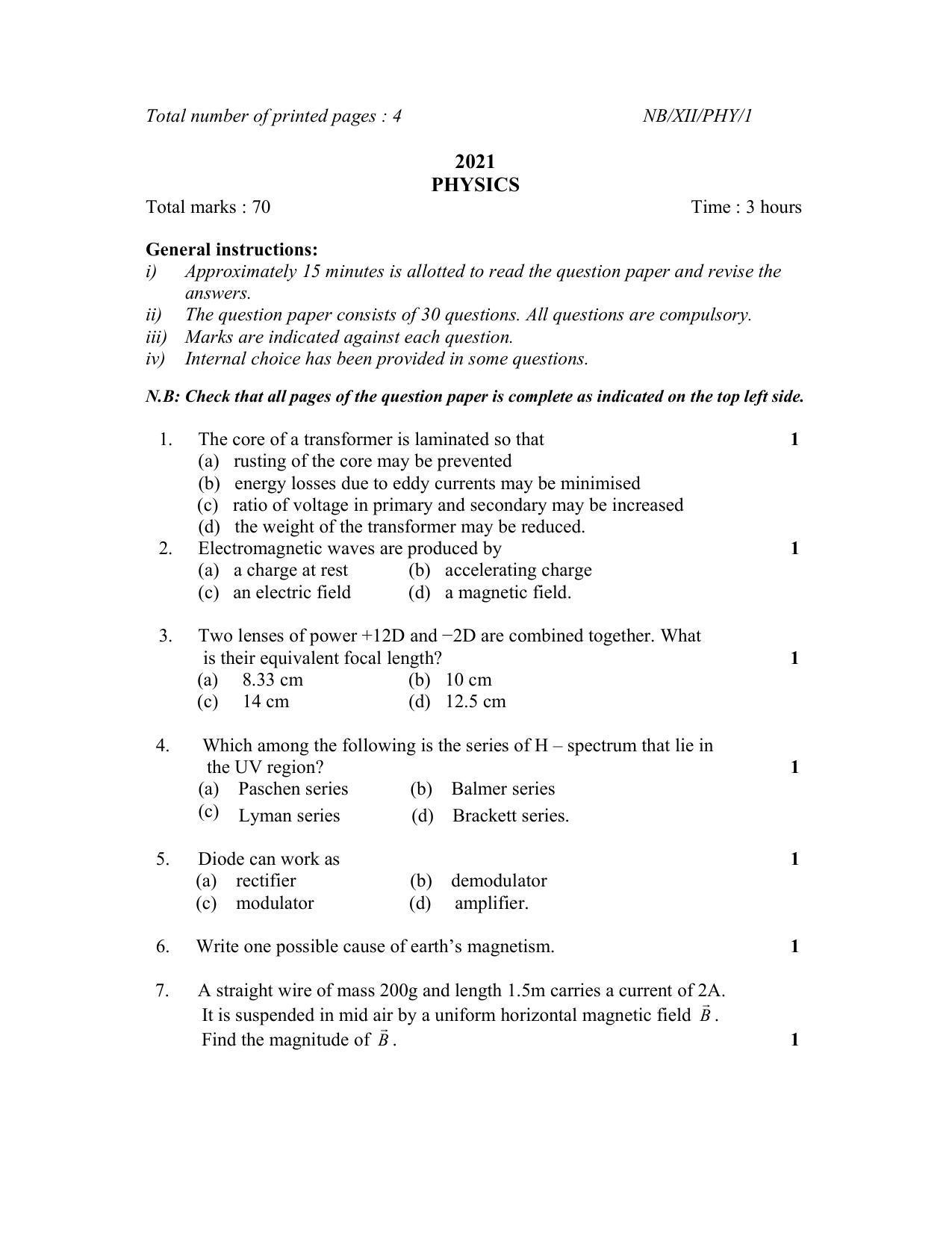 Nagaland Board Class 12 Physics 2021 Question Paper - Page 1