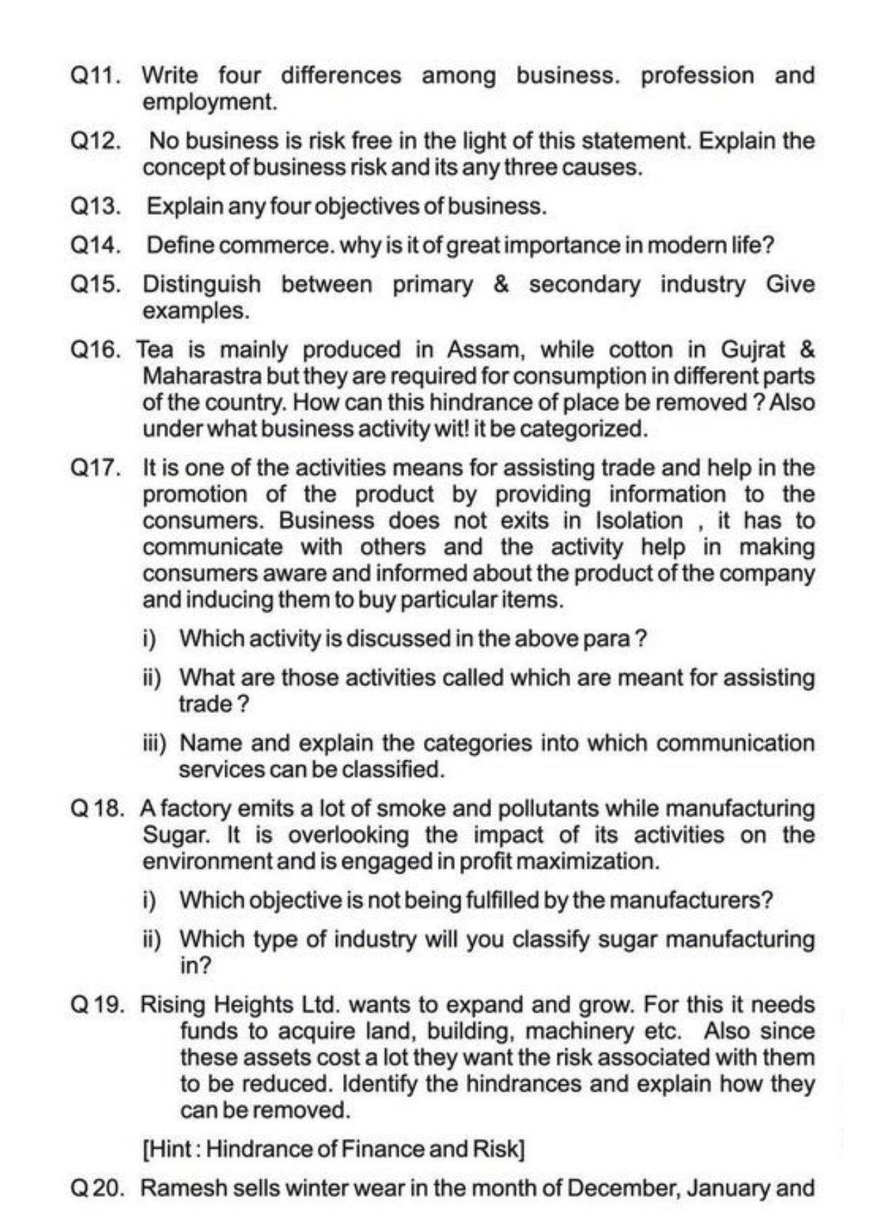 Class 11 Notes, Question & Practice Paper - Business Studies (Topic 1 : Evolution and Fundamentals of Business) - Page 19