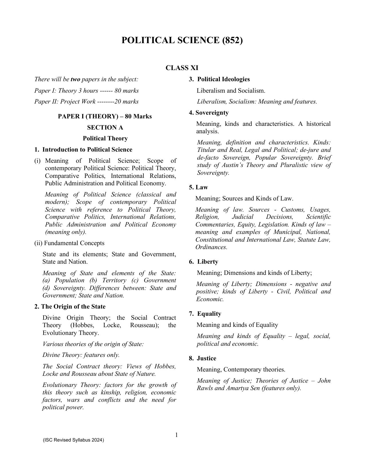 ISC Class XI POLITICAL SCIENCE 2025 Syllabus - Page 1