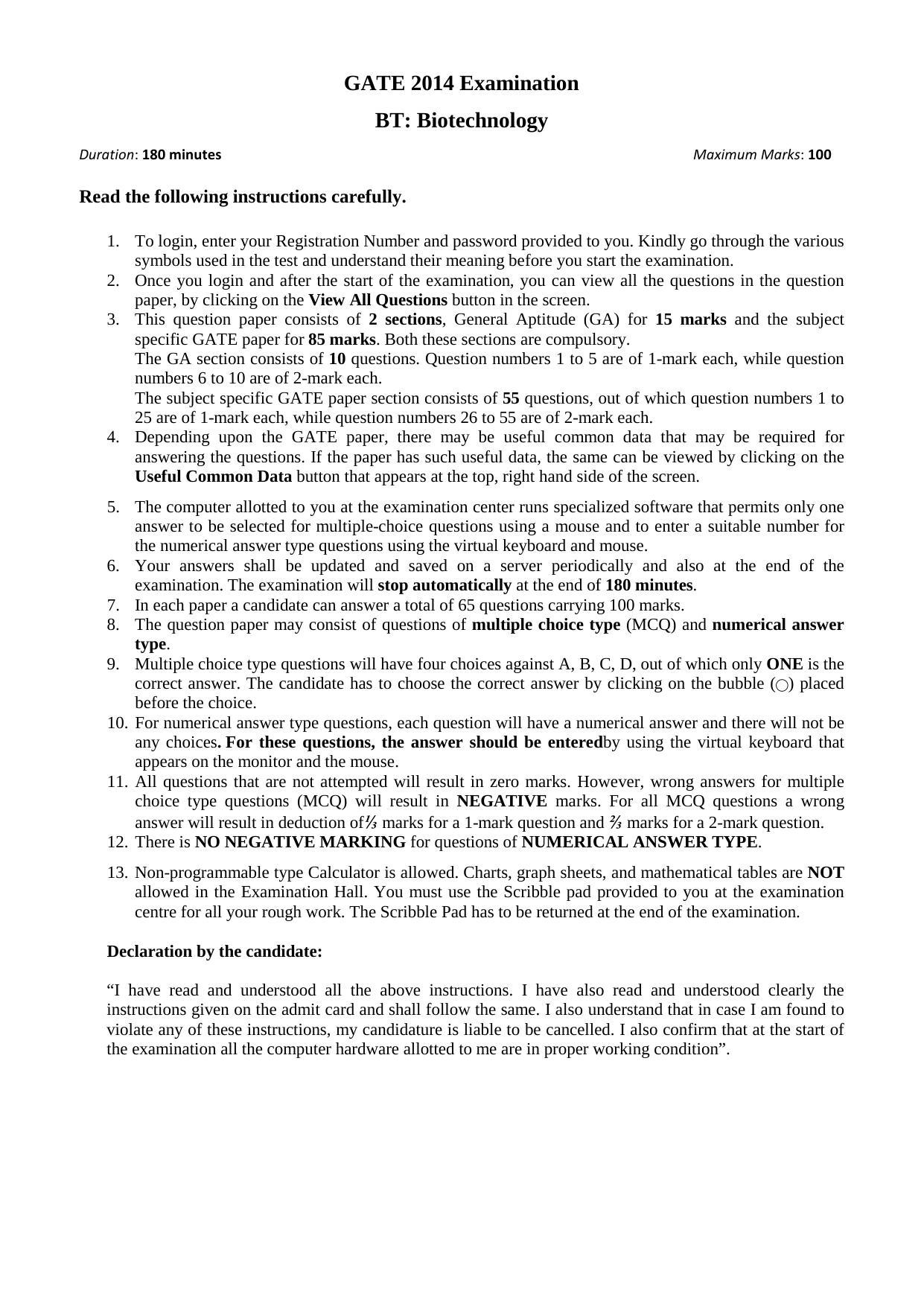 GATE 2014 Biotechnology (BT) Question Paper with Answer Key - Page 4