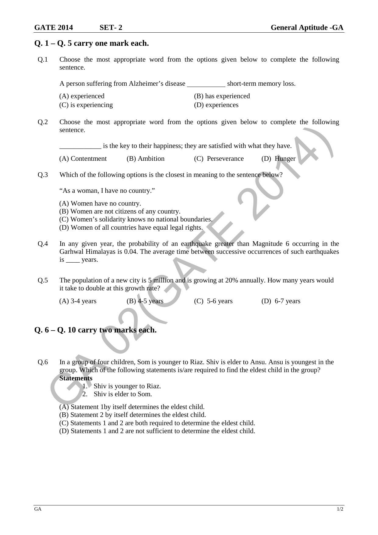 GATE 2014 Biotechnology (BT) Question Paper with Answer Key - Page 5