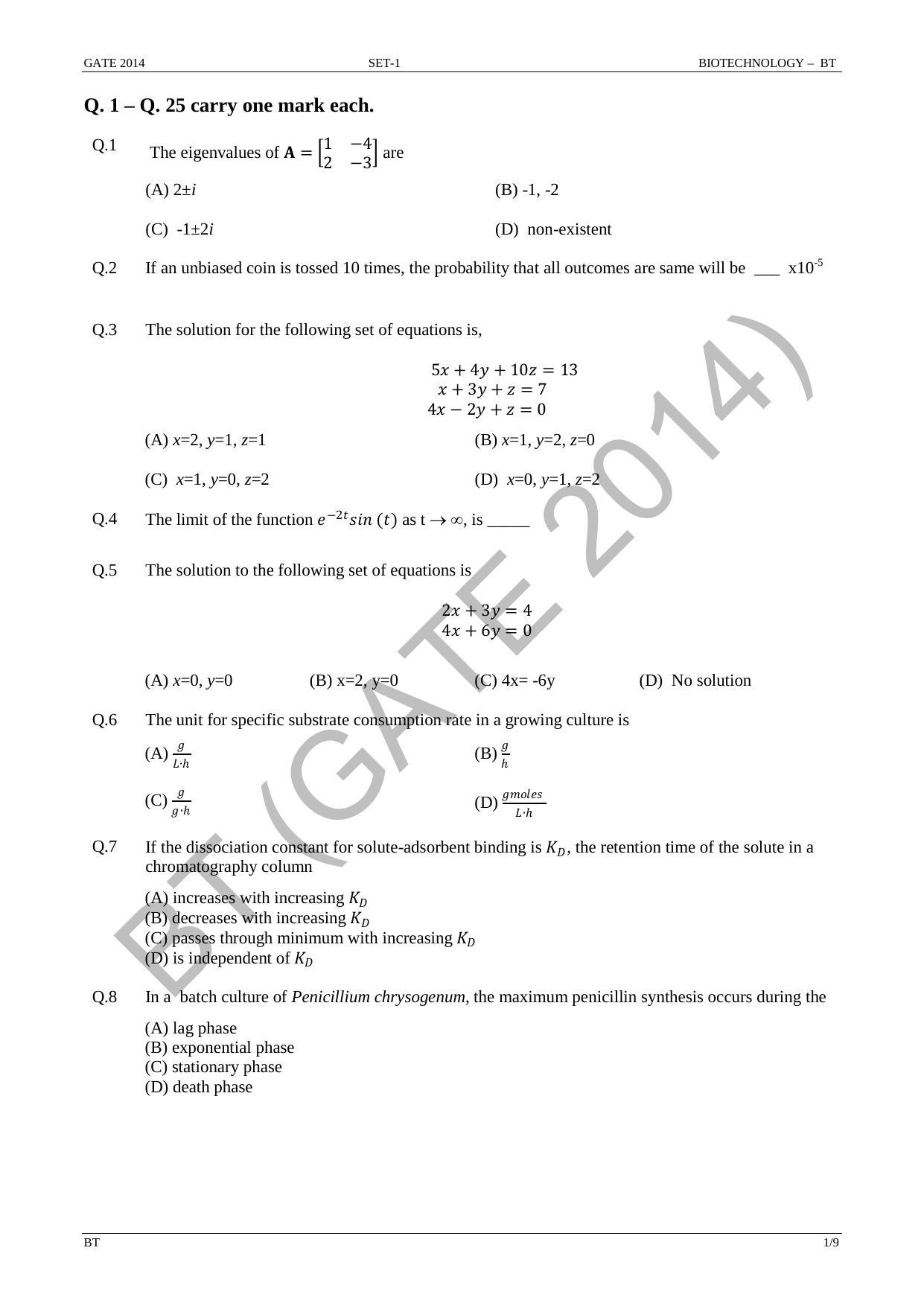 GATE 2014 Biotechnology (BT) Question Paper with Answer Key - Page 7