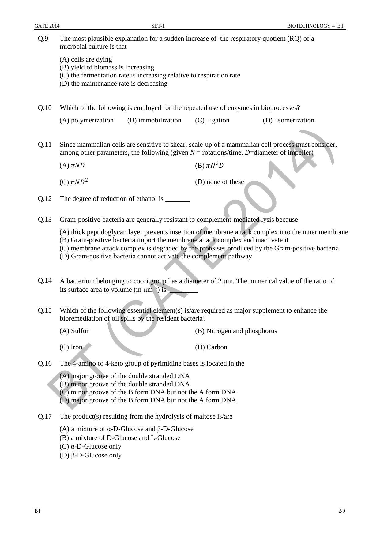GATE 2014 Biotechnology (BT) Question Paper with Answer Key - Page 8