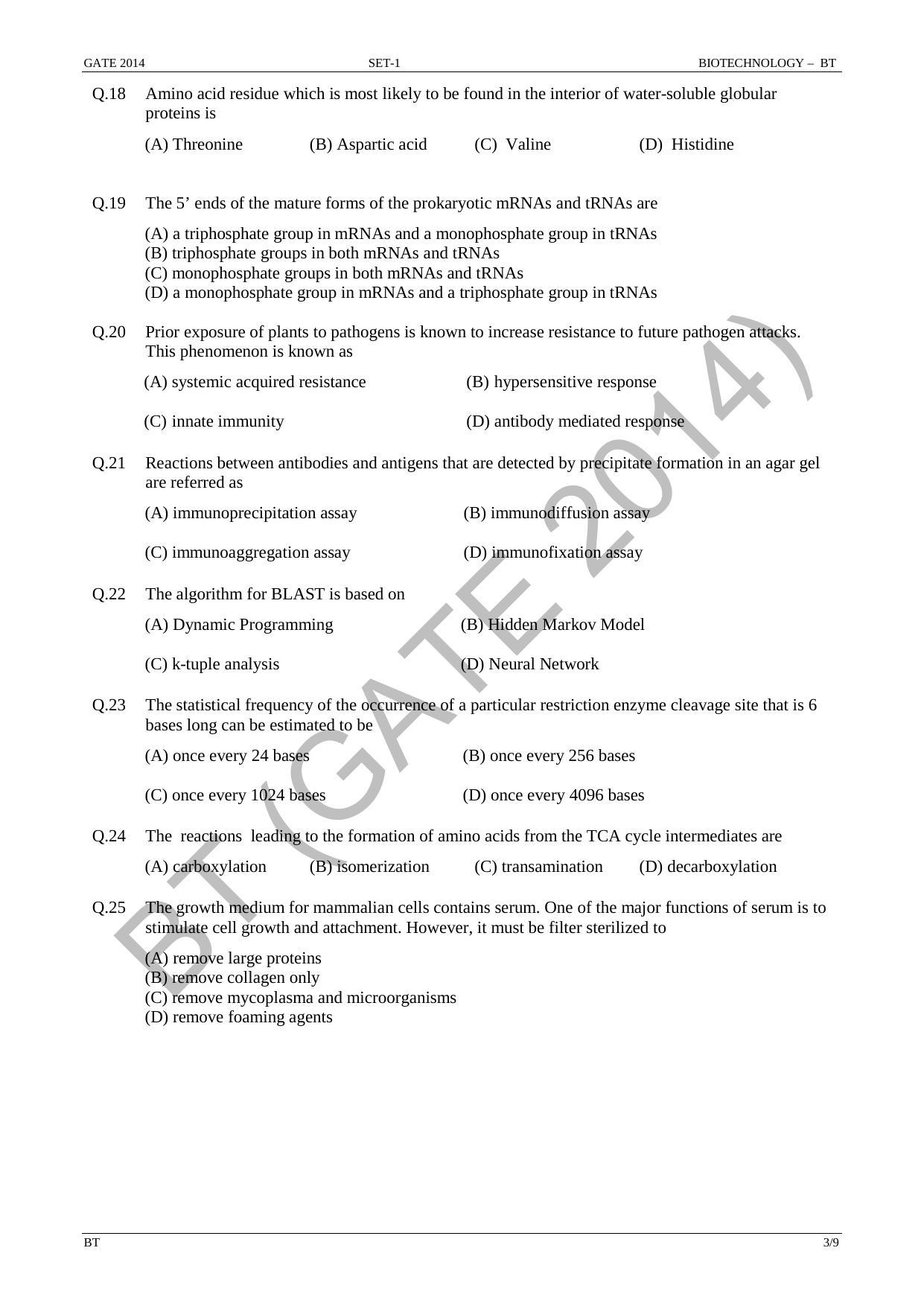 GATE 2014 Biotechnology (BT) Question Paper with Answer Key - Page 9