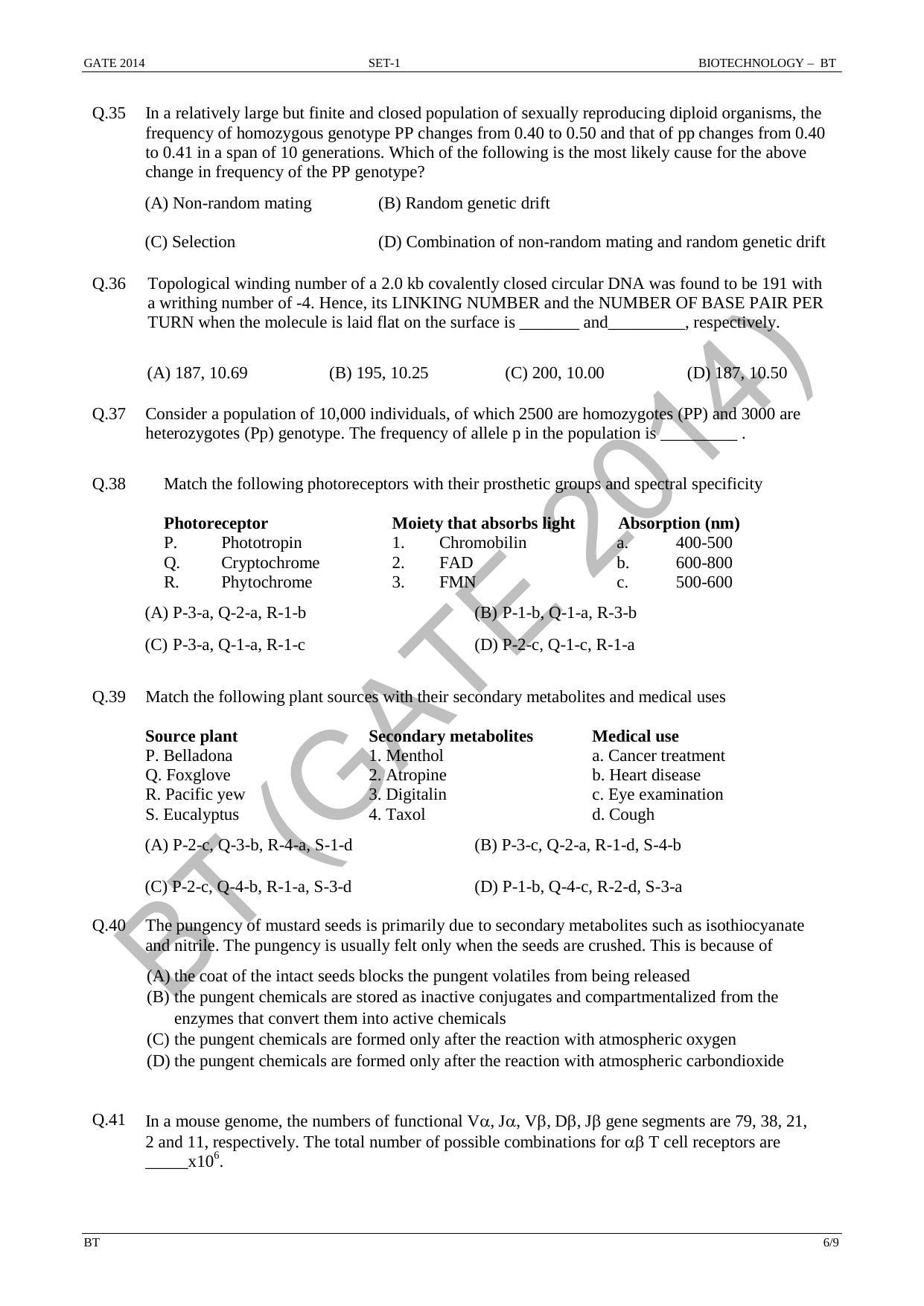 GATE 2014 Biotechnology (BT) Question Paper with Answer Key - Page 12