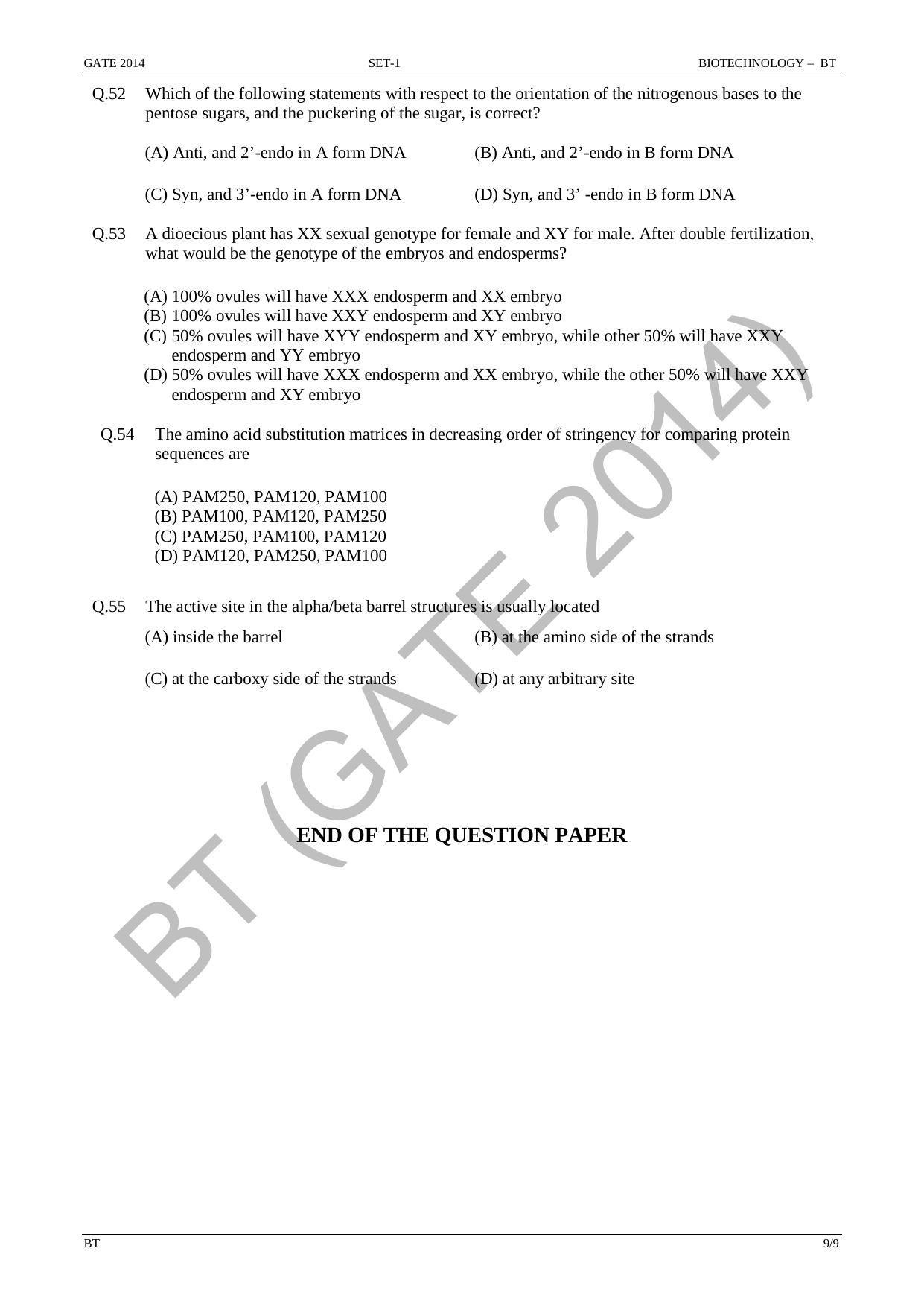 GATE 2014 Biotechnology (BT) Question Paper with Answer Key - Page 15