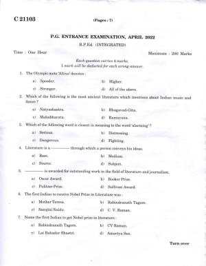 CUCAT 2022 BPEd Integrated (BPE) Question Paper