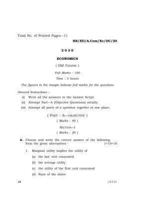 Meghalaya Board (MBOSE) Class 12 ECONOMICS (Old course) 2020 Question Paper