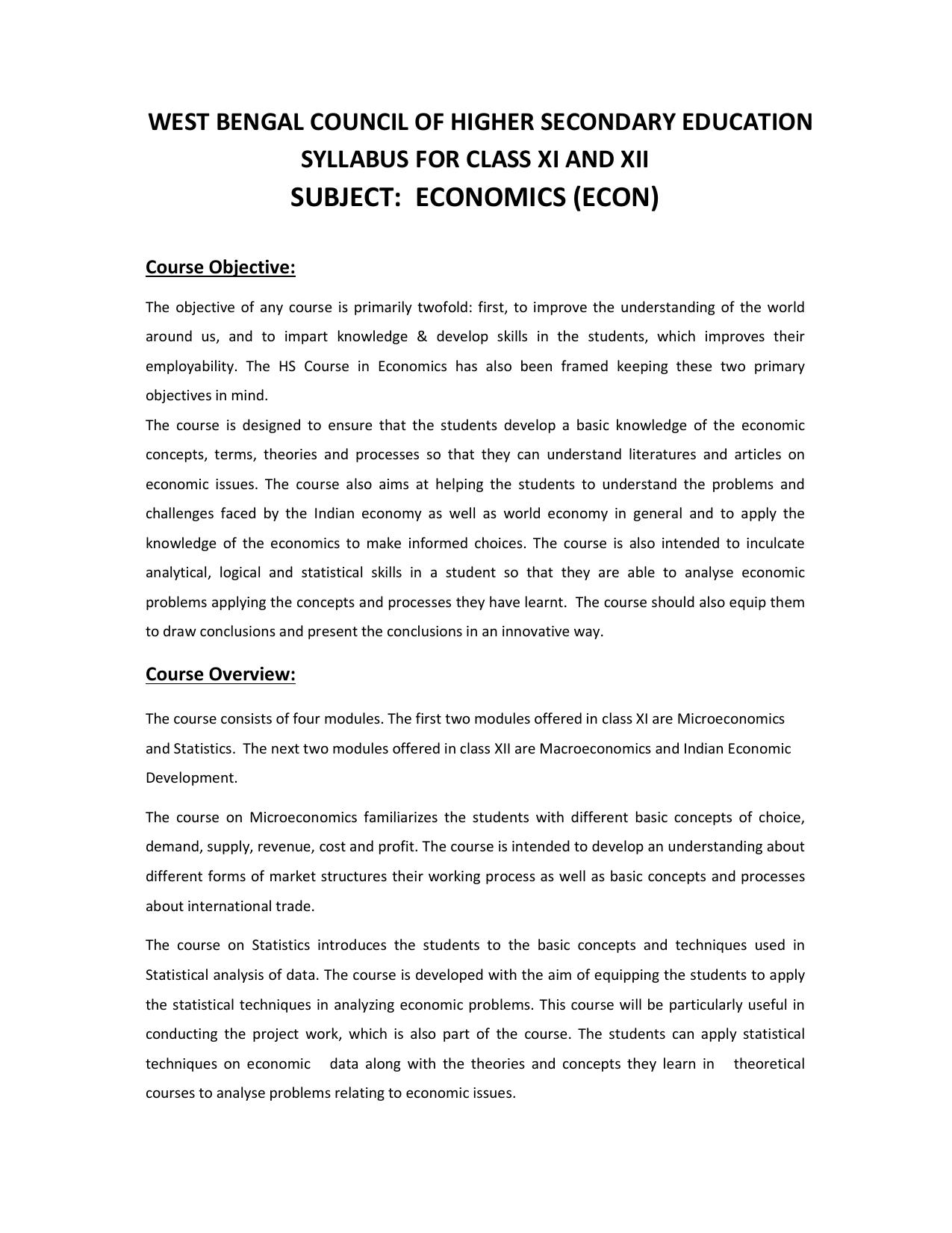 WBCHSE Class 11 & 12 Syllabus for Economics (ECON) (SET III) - Page 1