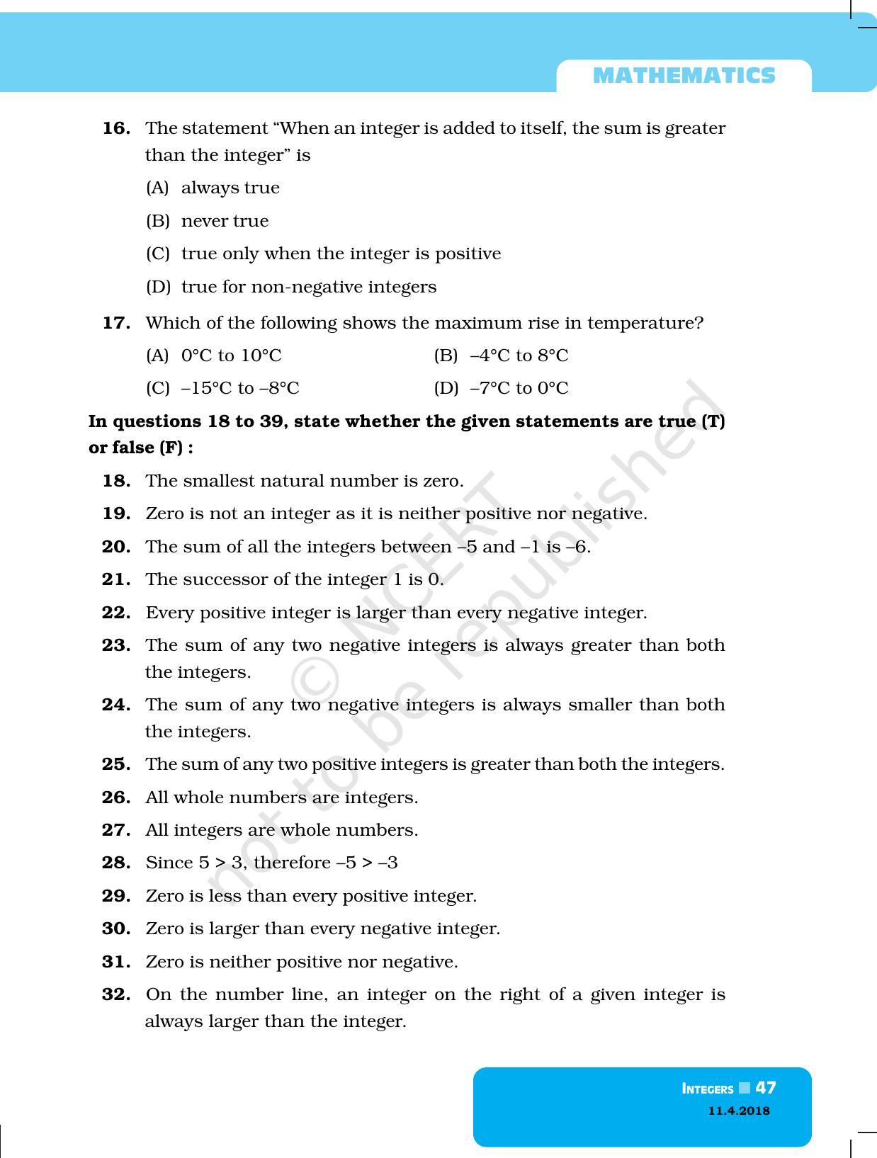 NCERT Exemplar Book for Class 6 Maths: Chapter 3-Integers - Page 7