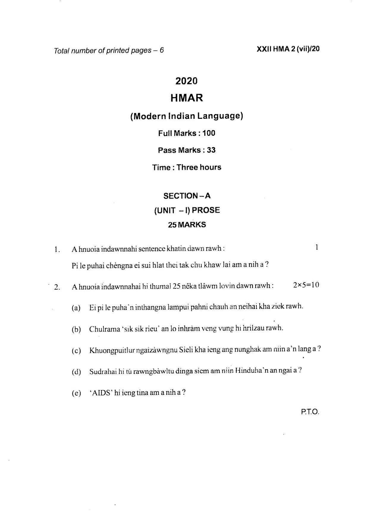 COHSEM Class 12 Hmar Question Papers 2020 - Page 1