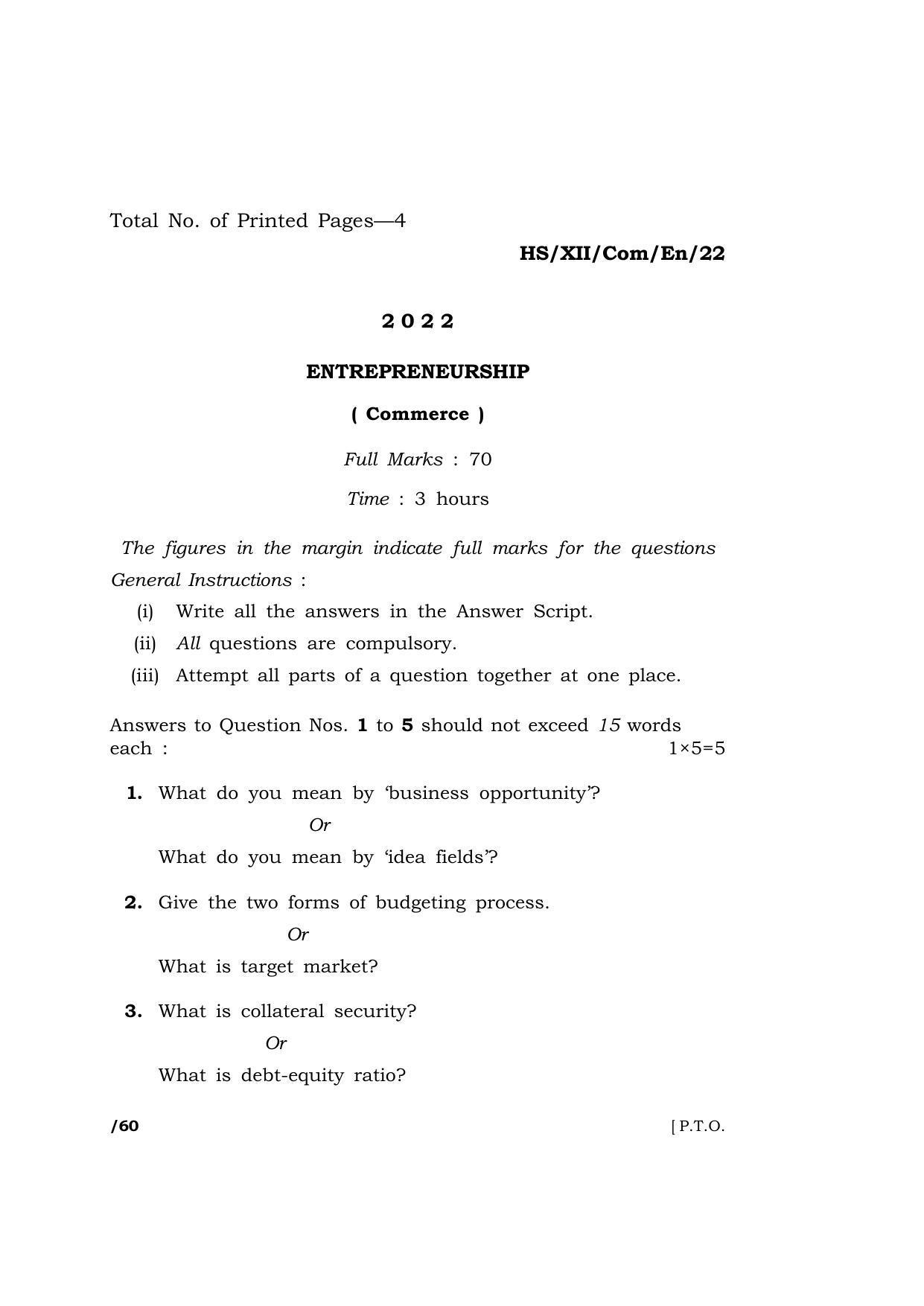 Meghalaya Board (MBOSE) Class 12 ENTREPRENEURSHIP  (HS-XII-Com-En-22) 2022 Question Paper - Page 1