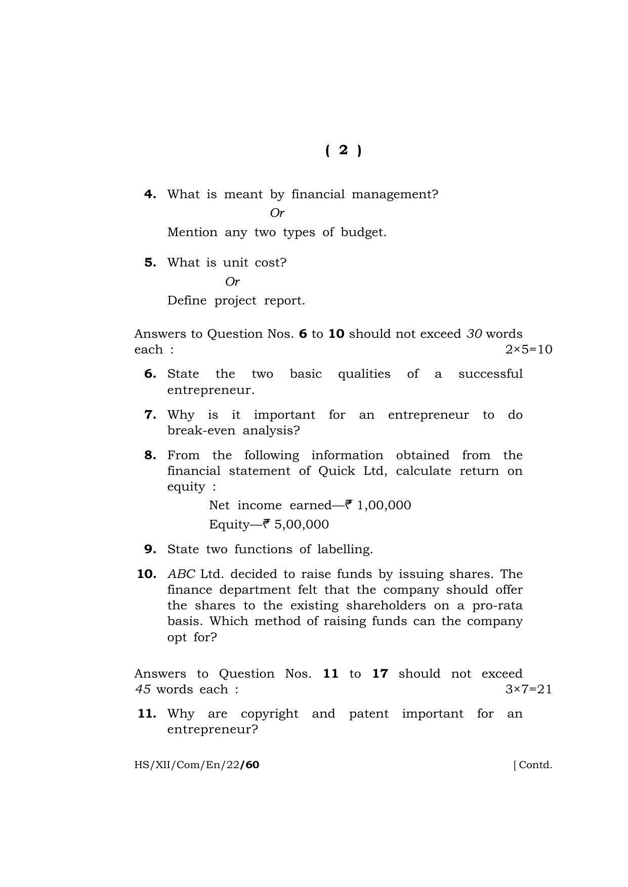 Meghalaya Board (MBOSE) Class 12 ENTREPRENEURSHIP  (HS-XII-Com-En-22) 2022 Question Paper - Page 2