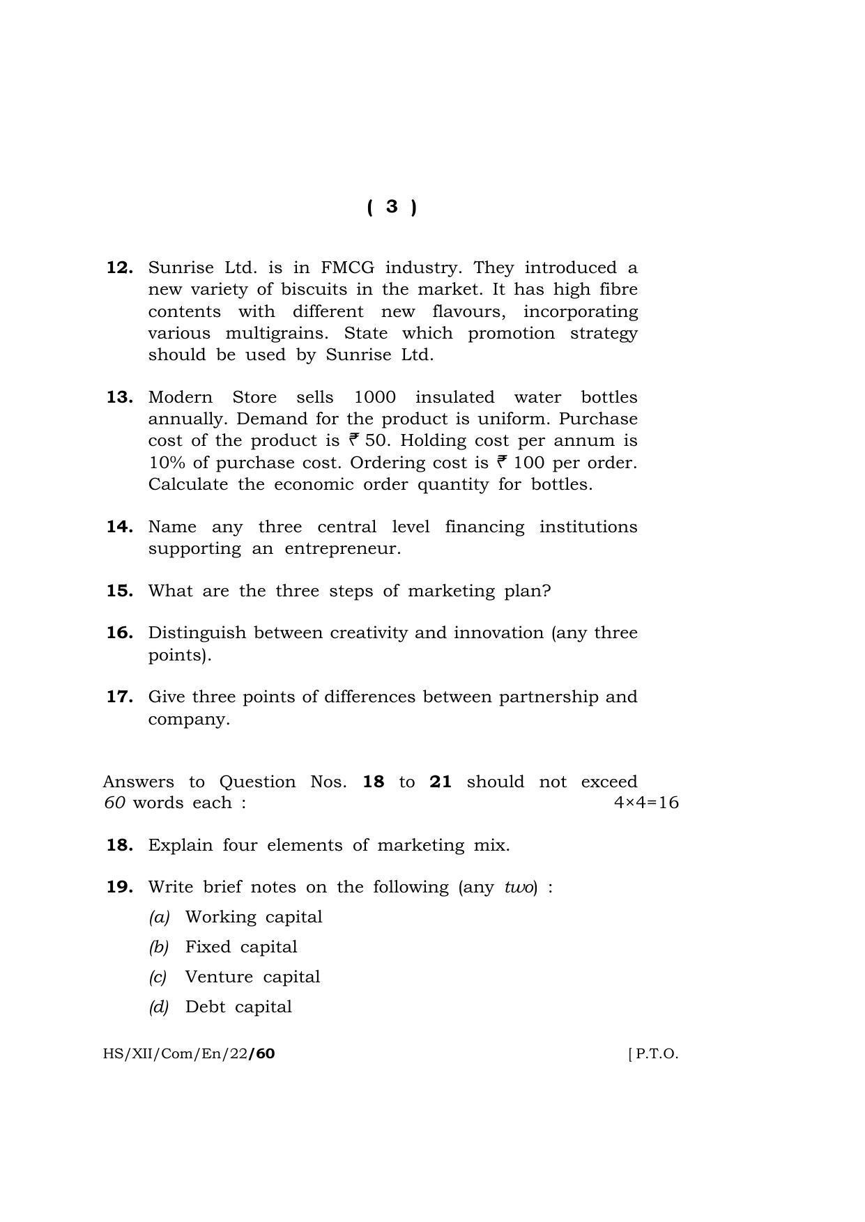 Meghalaya Board (MBOSE) Class 12 ENTREPRENEURSHIP  (HS-XII-Com-En-22) 2022 Question Paper - Page 3